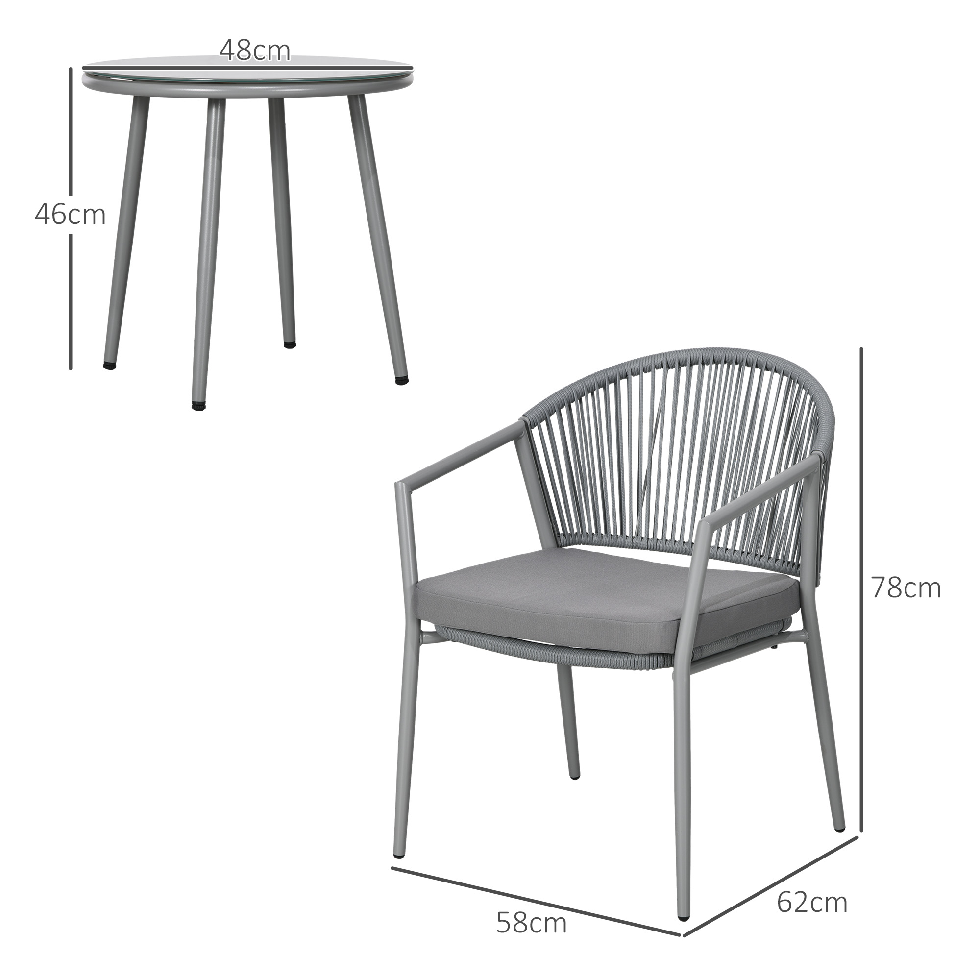 Outsunny Tuinset, 2 Stoelen & 1 Tafel met Glazen Blad, Rattan look, weerbestendig, Metalen frame, Grijs