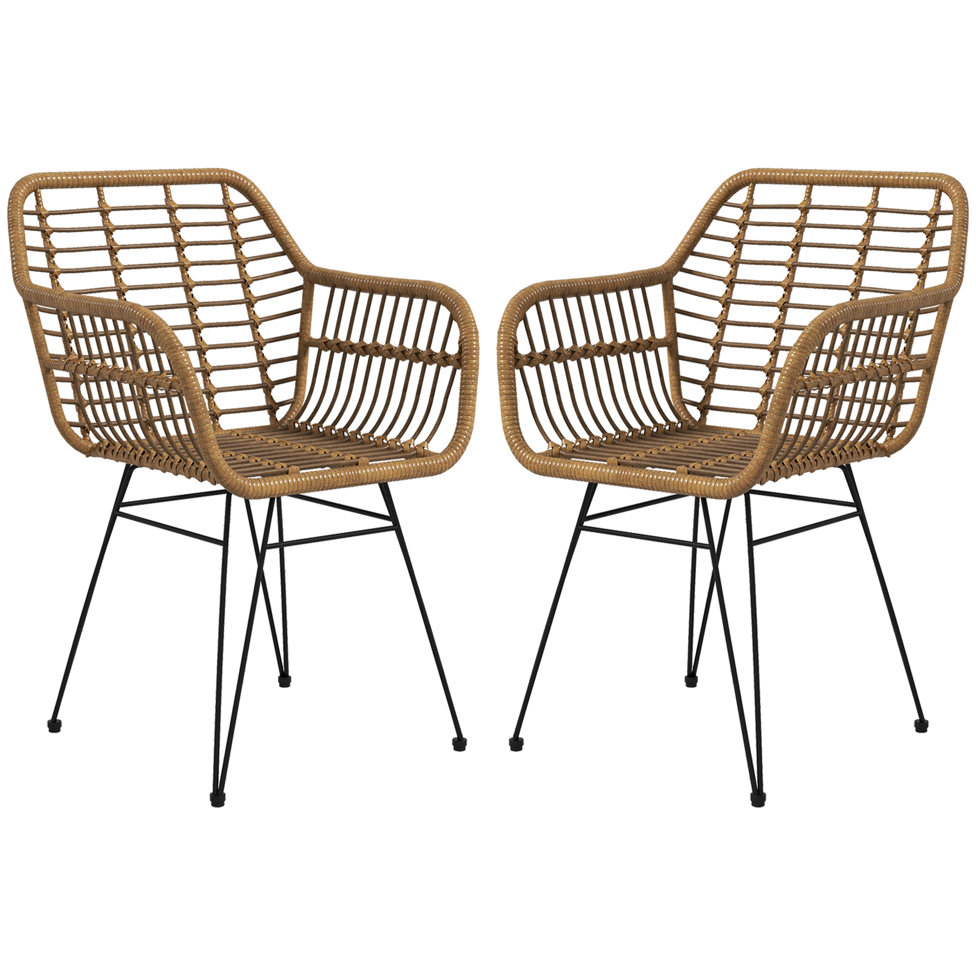 HOMCOM Set van 2 Boho-Stijl Stoelen, Keukenstoelen, PE-Rattan, 56 x 60 x 79 cm, Natuurlijk + Zwart