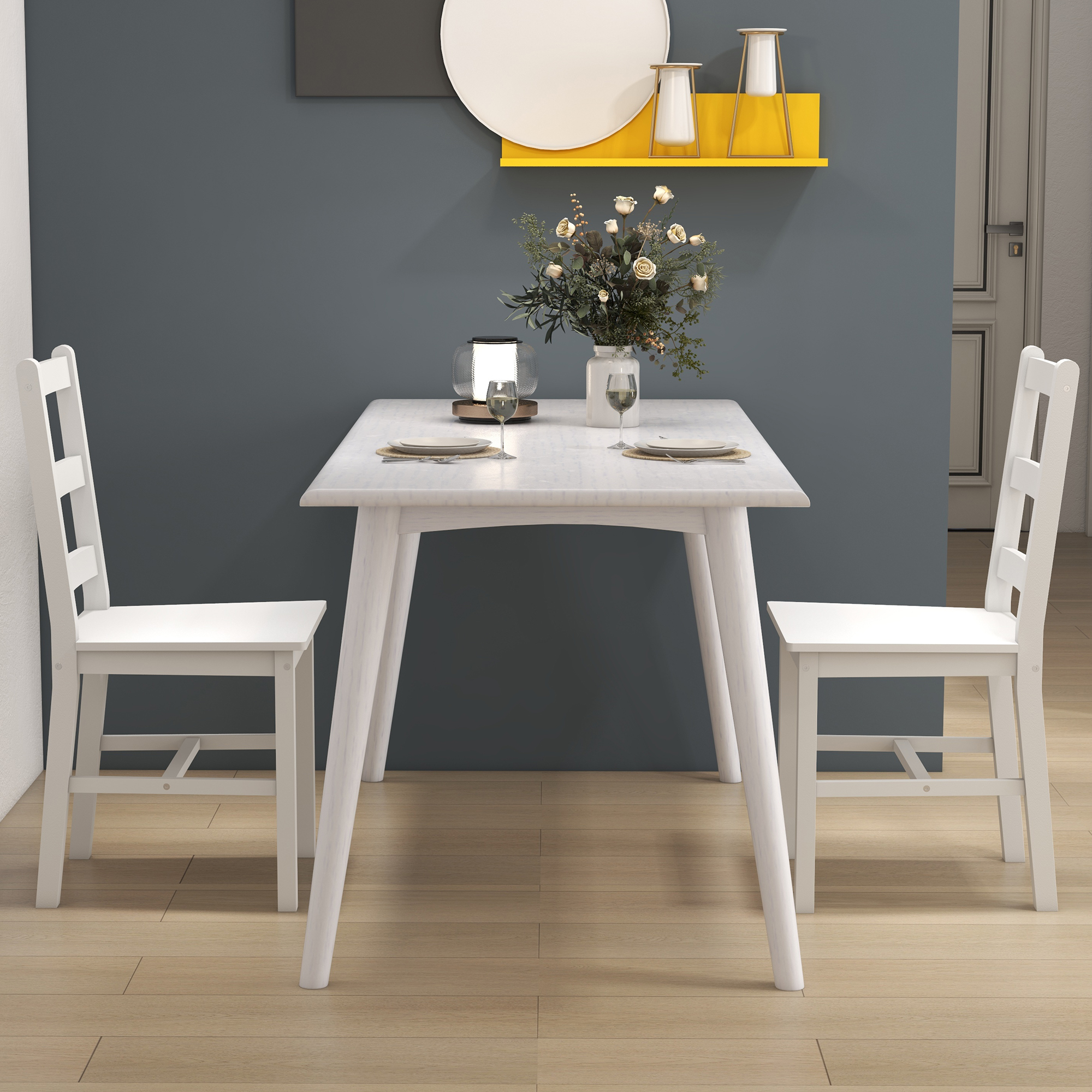 HOMCOM Eetkamerstoelen 2-delige set, Houten keukenstoel met lattenrugleuning, Antislip 41,5 x 46 x 90 cm Wit