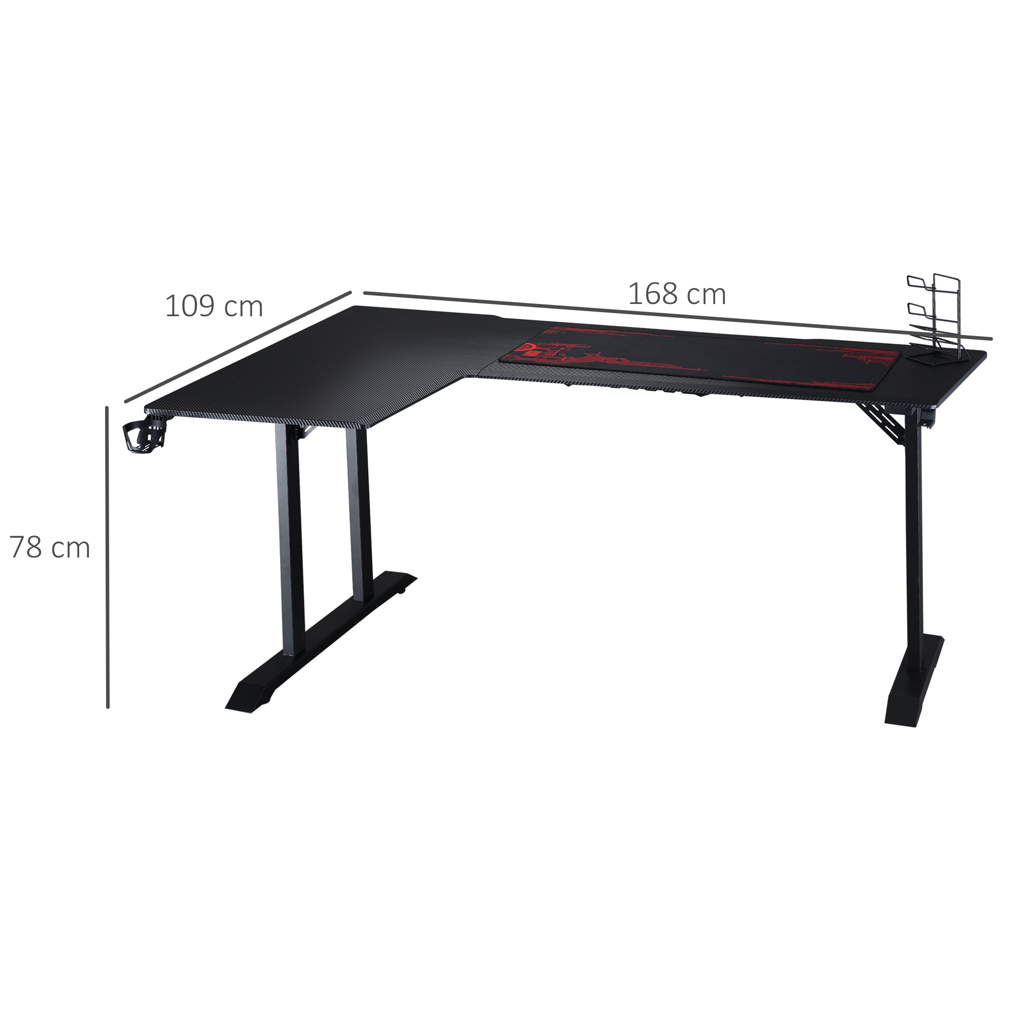 HOMCOM gaming-tafel bureau L-vormig met koptelefoonhaak bekerhouder computertafel metaal MDF zwart + rood 168 x 109 x 78 cm