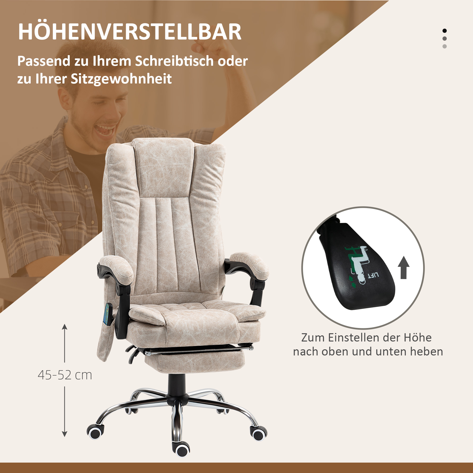 Vinsetto Bureaustoel met Massagefunctie, Ergonomische Schreibtischstoel met Ligfunctie, Verwarmingsfunctie en Zijzak, Crèmewit