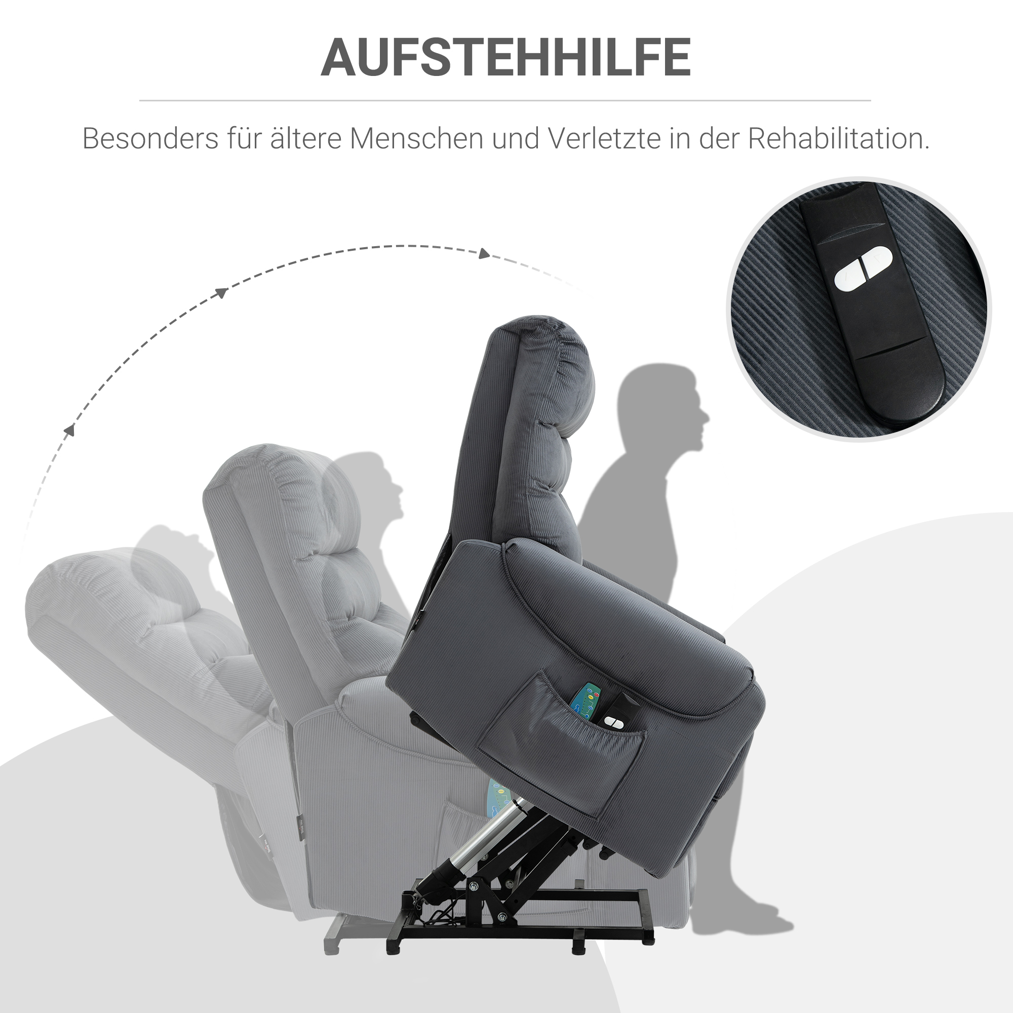 HOMCOM tv-stoel met massagefunctie opstahulp afstandsbediening, verwarming elektrisch ligfunctie polyester stof metaal donkergrijs 79 x 97 x 103 cm