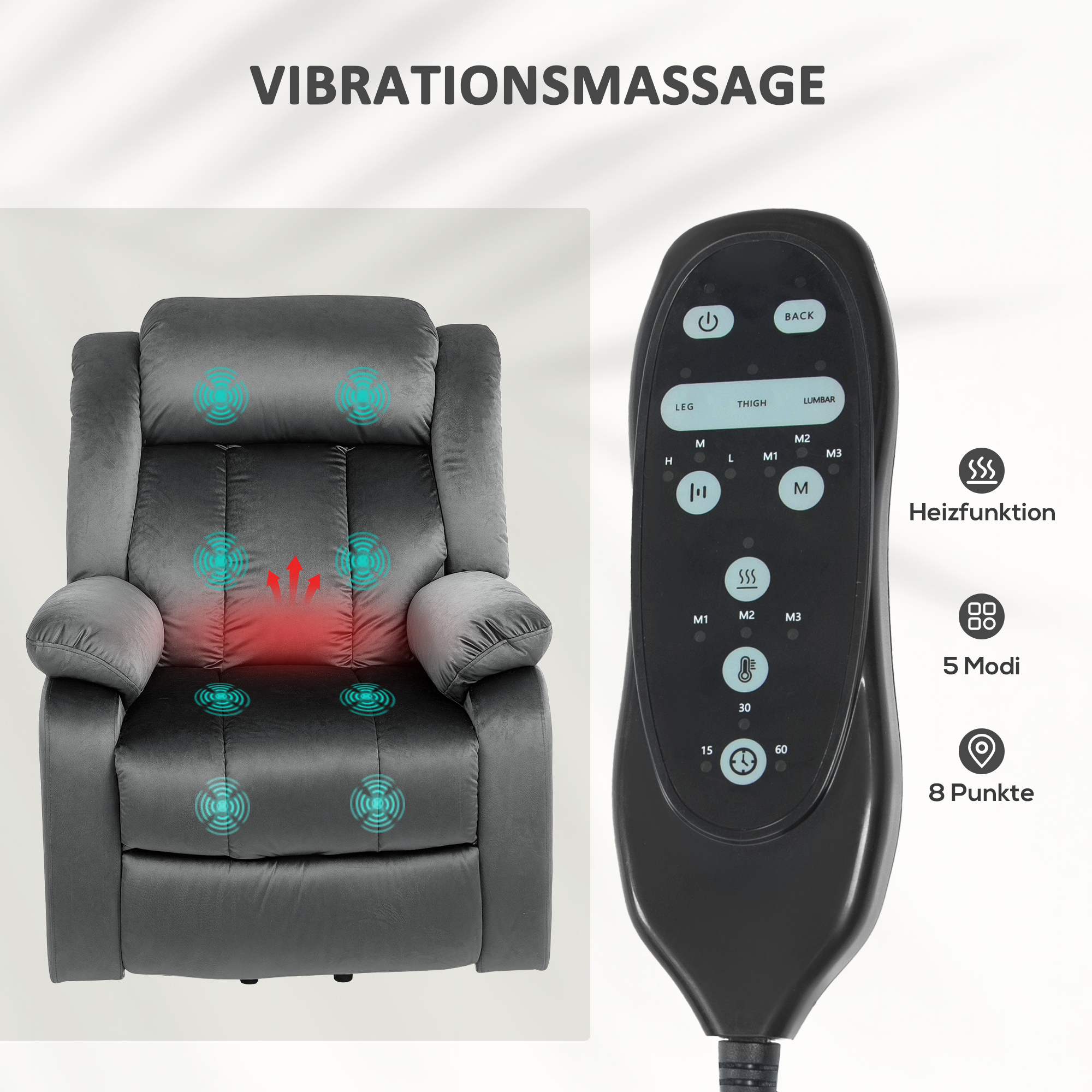 HOMCOM Opstaanstoel met Massagefunctie en Lendeverwarming, Relaxstoel met Afstandsbedieningen en Zijvakken, Grijs