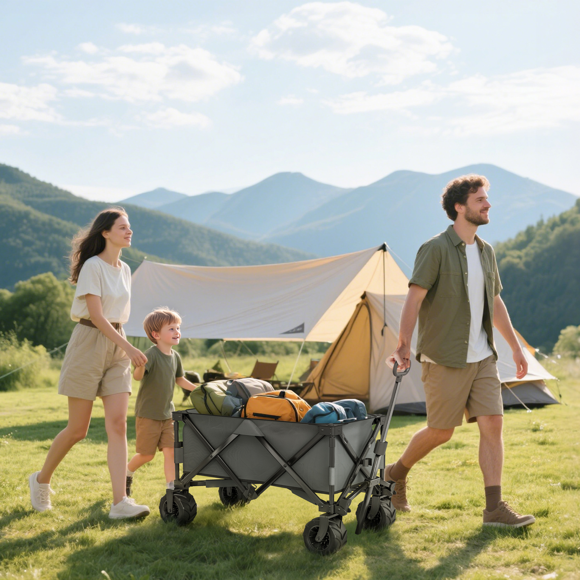 Outsunny handkar opvouwbare handkar 360° tuinwagen transportwagen met telescopisch handvat in hoogte verstelbare handgreep strandwagen metaal Oxford donkergrijs 108 x 53 x 59-89 cm