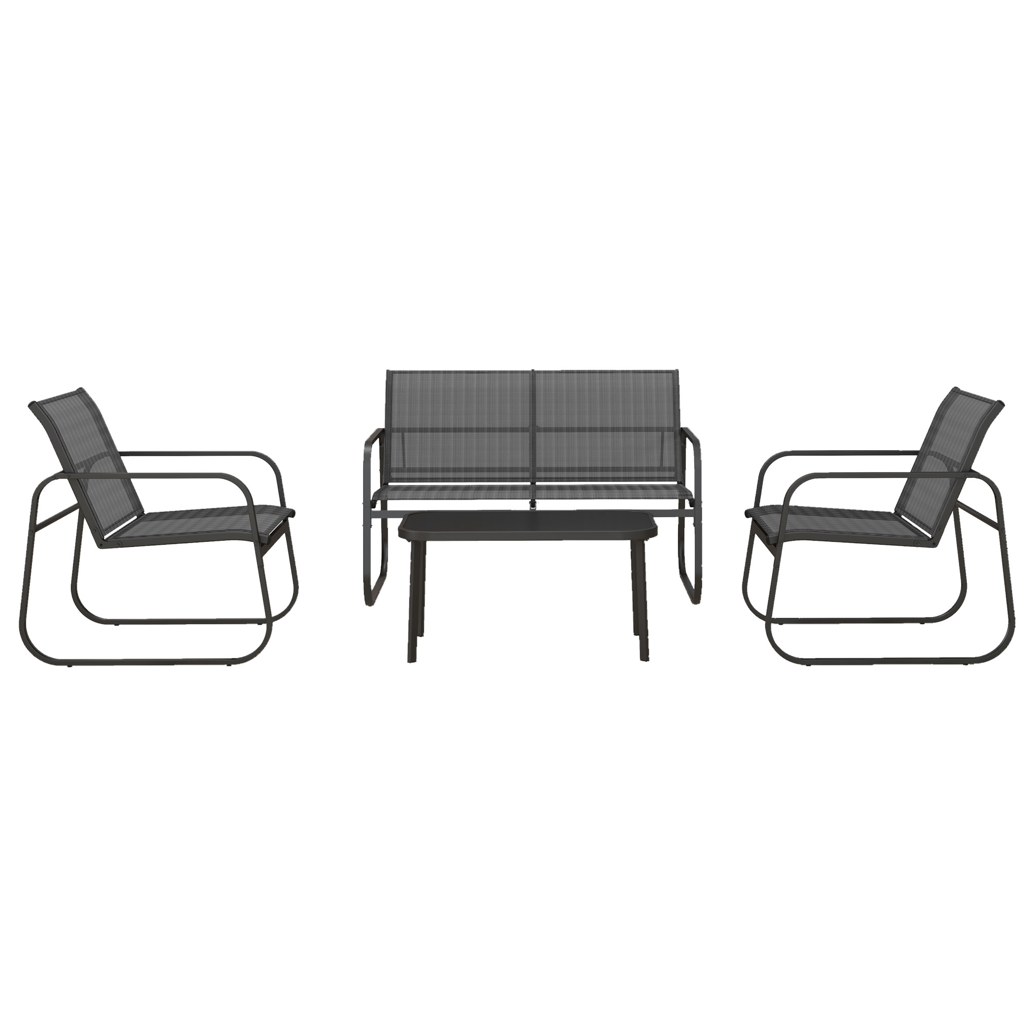 Outsunny 4-delige tuinset, 2 stoelen, 2-zitsbank, tafel met glazen blad, ademende stof, metalen frame, zwart