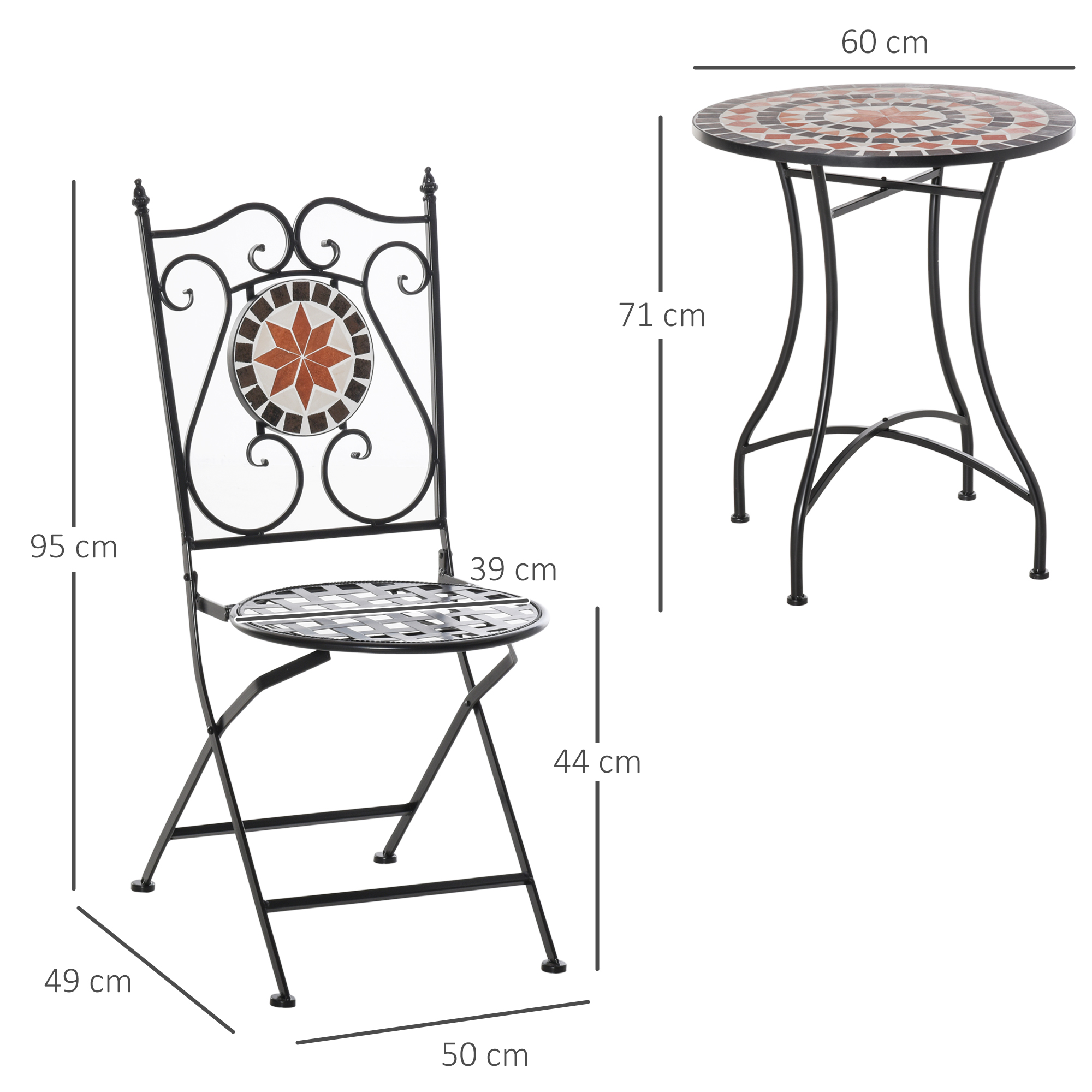Zitgroep voor in de tuin 3-delige mozaïektafel + 2 opklapbare metalen stoelen