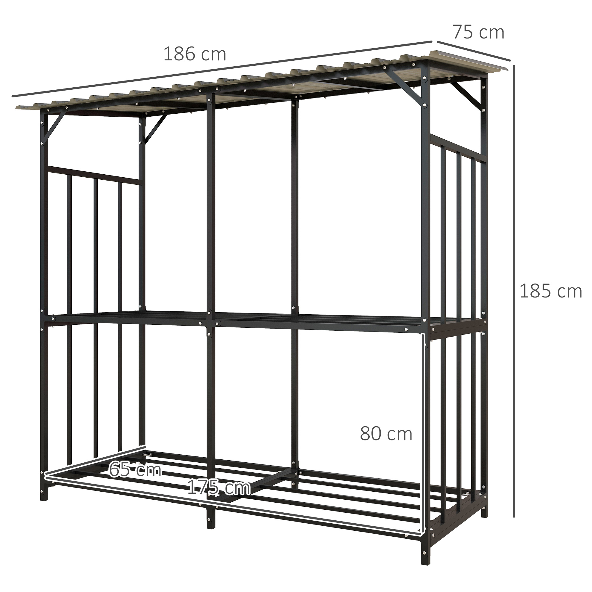 Outsunny Brandhoutrek, 2 lagen, Verzinkt Staal Dak, Metalen Frame, 186 x 75 x 185 cm, Zwart