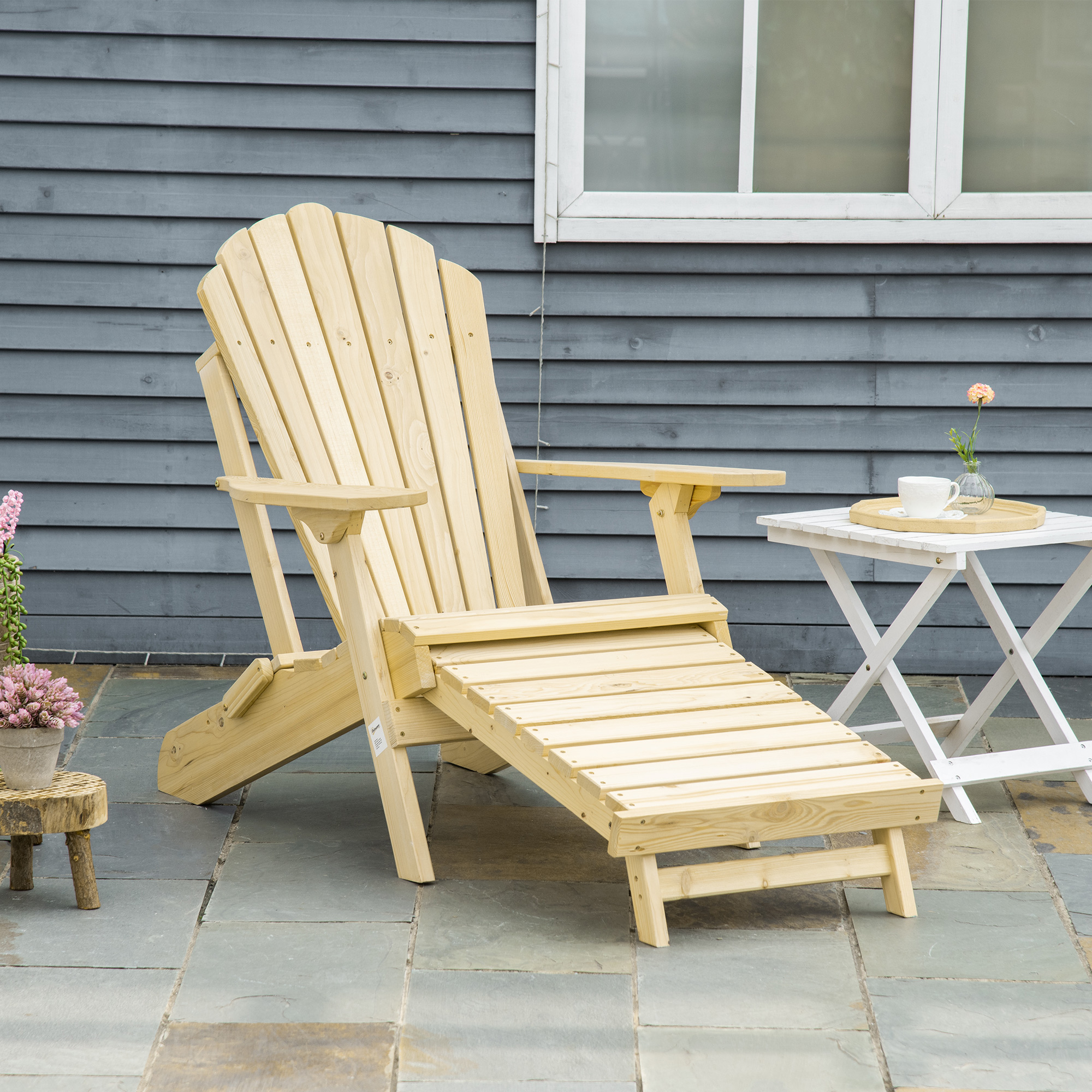 Outsunny Adirondack Tuinstoel met Voetensteun Opvouwbaar Ligstoel Buitenmeubilair Grenenhout Natuur 78 x 140 x 94 cm