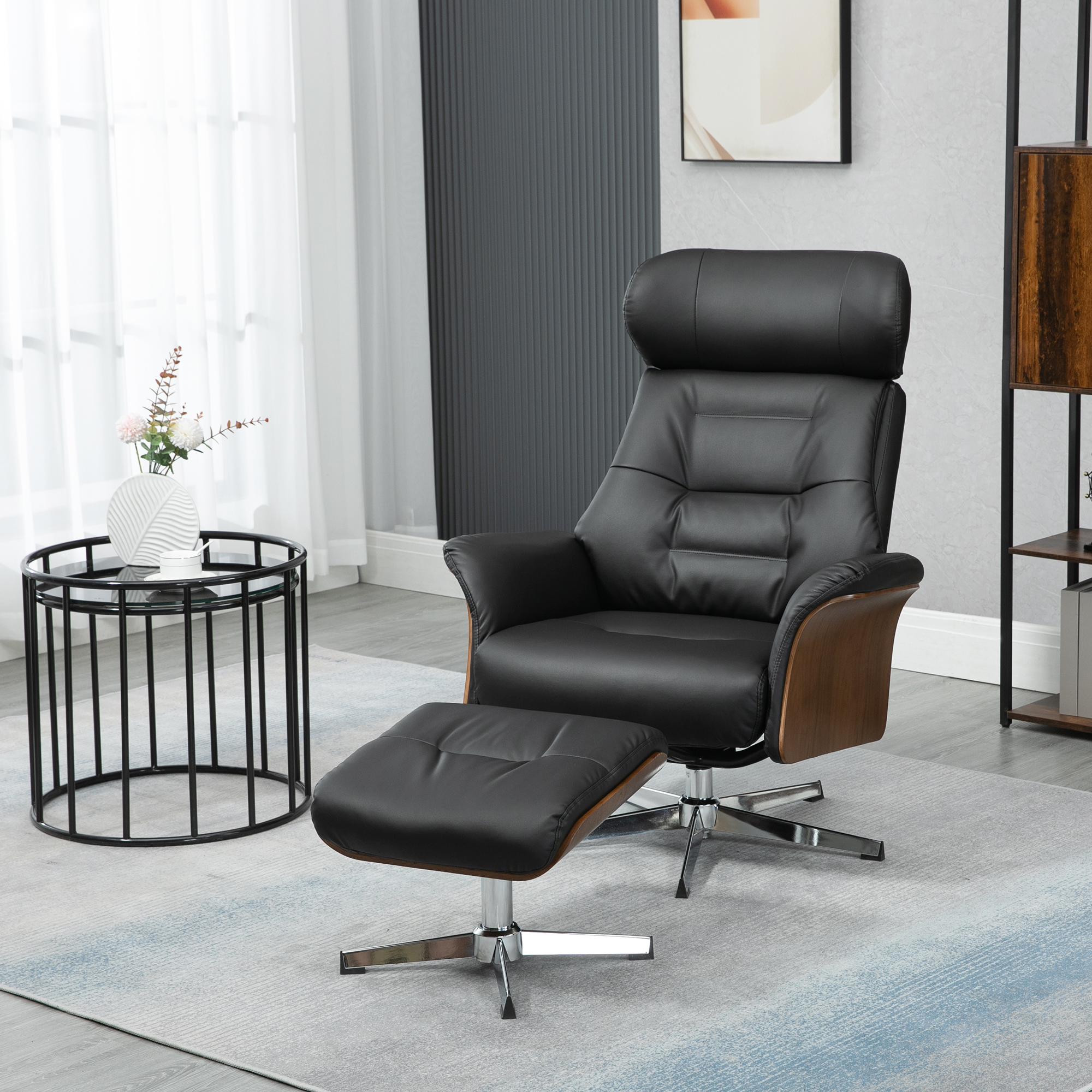 HOMCOM Fauteuil met voetenbank, 360° draaibaar, ligfunctie, leesstoel, zwart, 80 x 84 x 108 cm