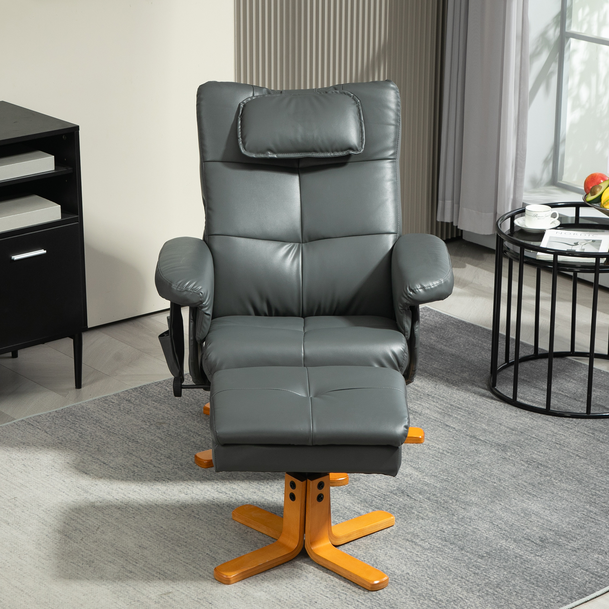 HOMCOM Massagestoel met Voetenbank, Verstelbare Rugleuning, USB-Oplaadpoort, Lederlook, tot 150 kg, Donkergrijs