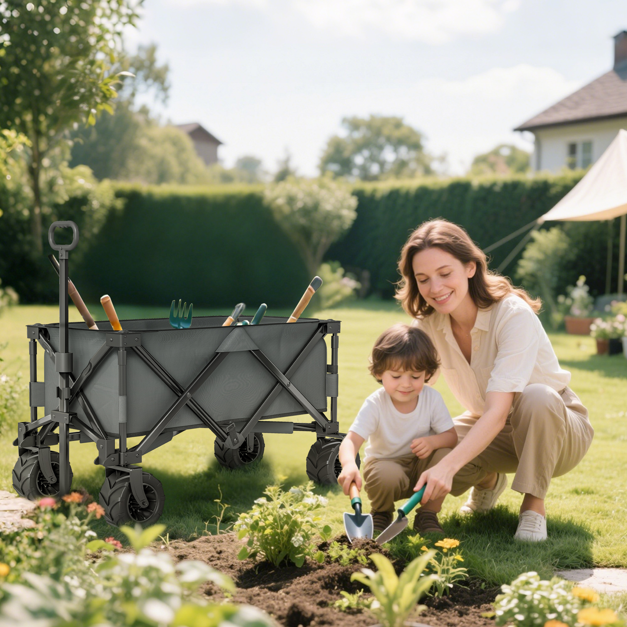 Outsunny handkar opvouwbare handkar 360° tuinwagen transportwagen met telescopisch handvat in hoogte verstelbare handgreep strandwagen metaal Oxford donkergrijs 108 x 53 x 59-89 cm
