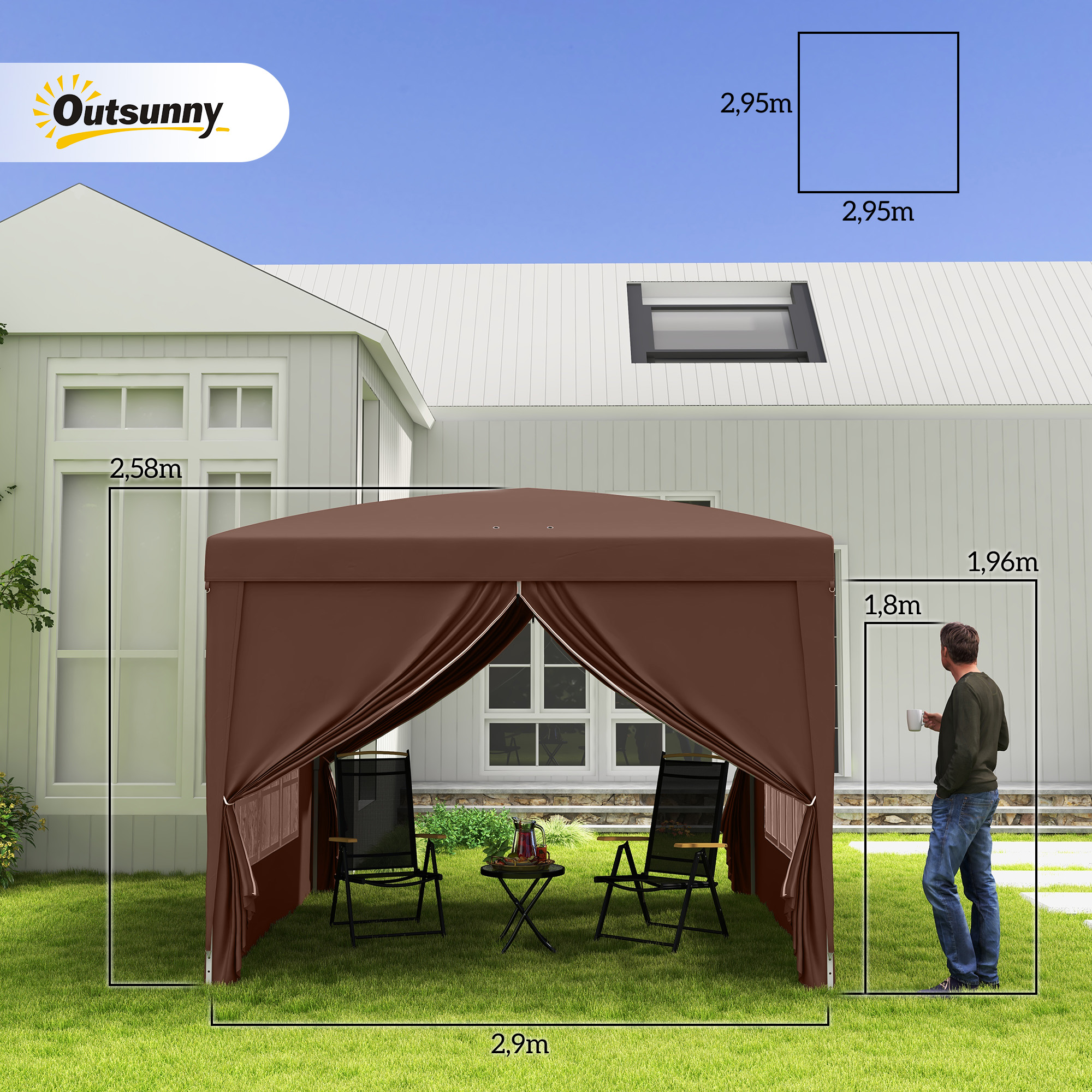 Outsunny 3 x 3 m Paviljoen met 4 zijwanden, ramen, feesttent met UV-bescherming, tuinpaviljoen incl. draagtas, Staal, Koffie