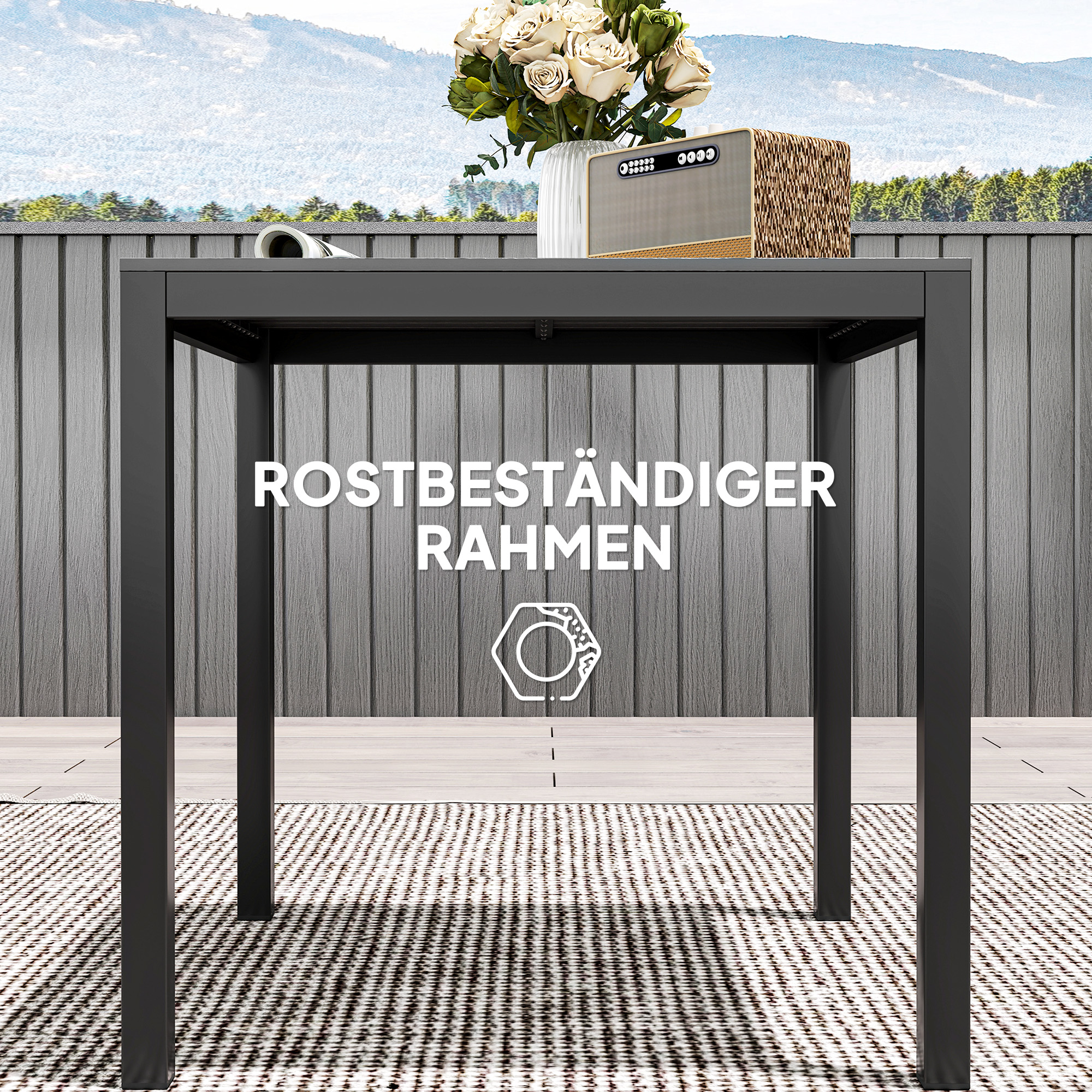 Outsunny Tuintafel Aluminium 73x73 cm Weerbestendig Buffettafel met Houtlook, Campingtafel voor 4 Personen Zwart