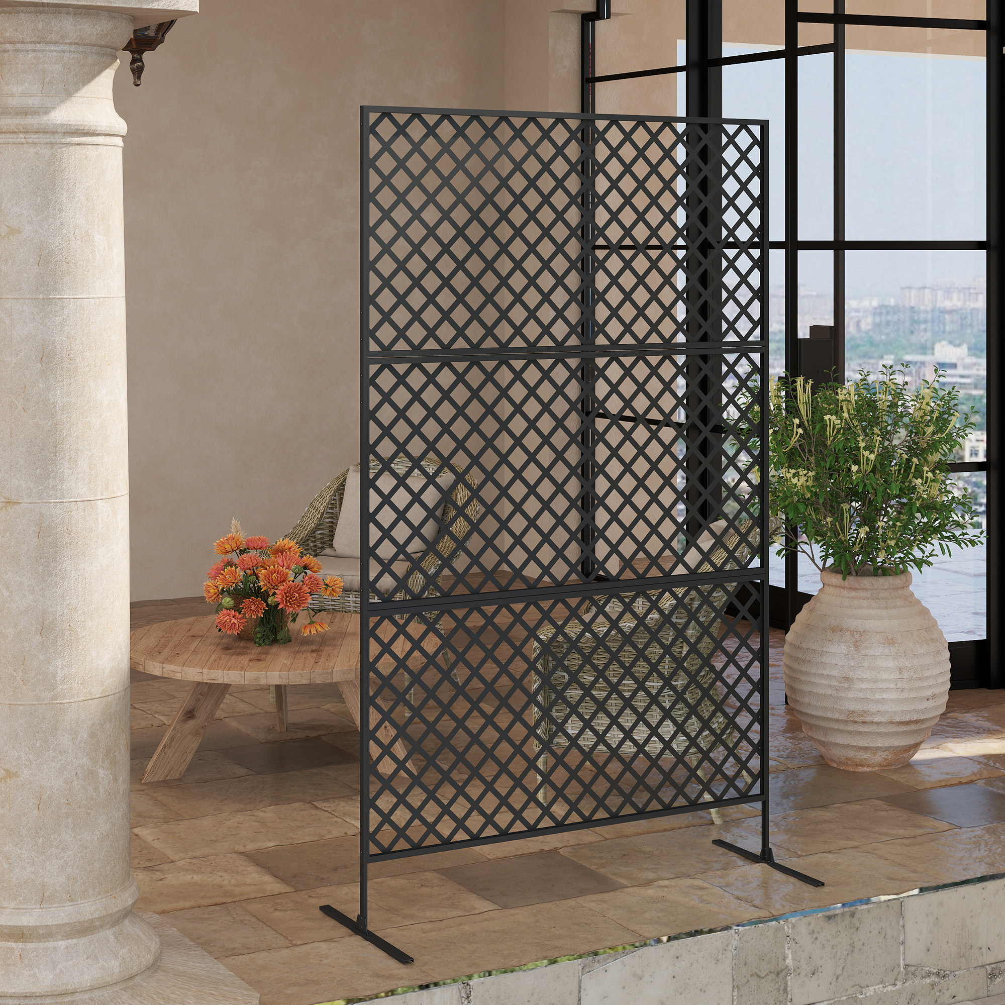 Outsunny Buitenruimteverdeler, Metalen Schermmuur voor Terras, Veranda, Tuin, Vrijstaand Klimrek, Staal, Zwart