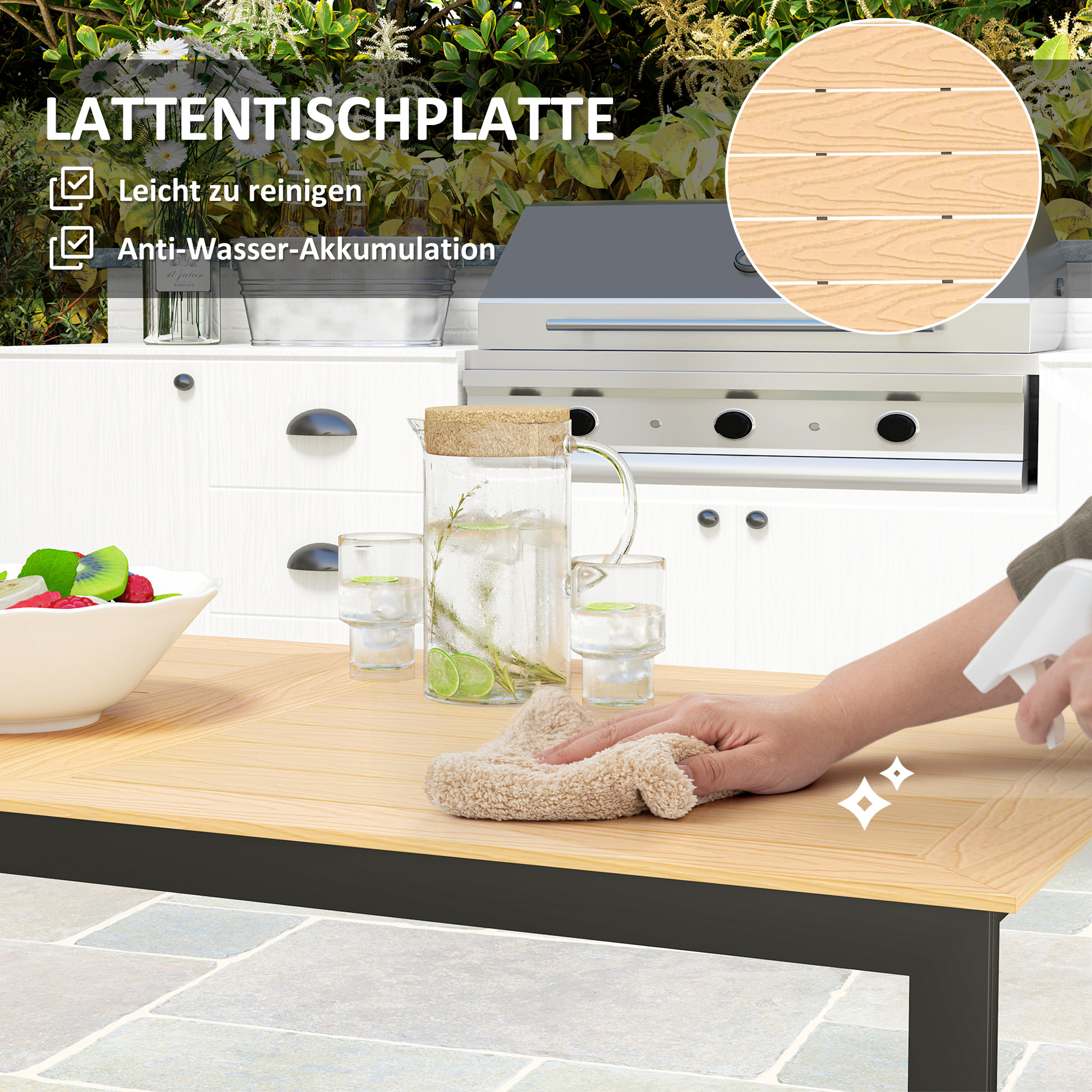 Outsunny Weerbestendige Tuintafel voor 6 - 160 x 80 cm met Lamellen-Tafelblad, Buitentafel in Teak Look