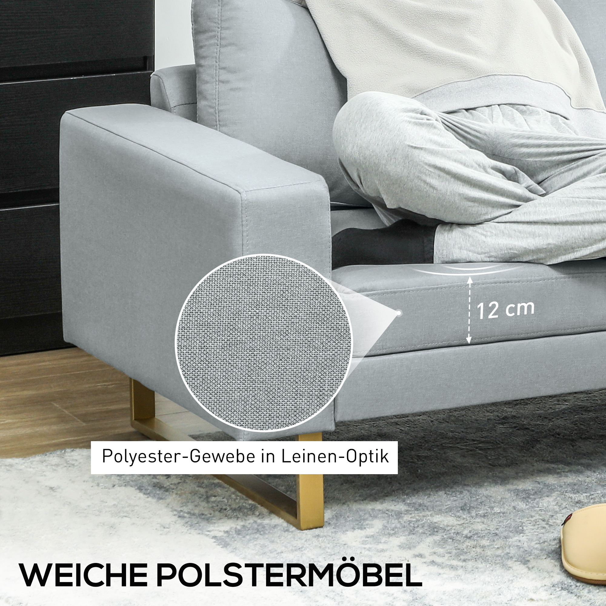 HOMCOM 3-Zitsbank, Bank met Houten Frame, Metalen Poten, Eenvoudig Ontwerp, Lichtgrijs