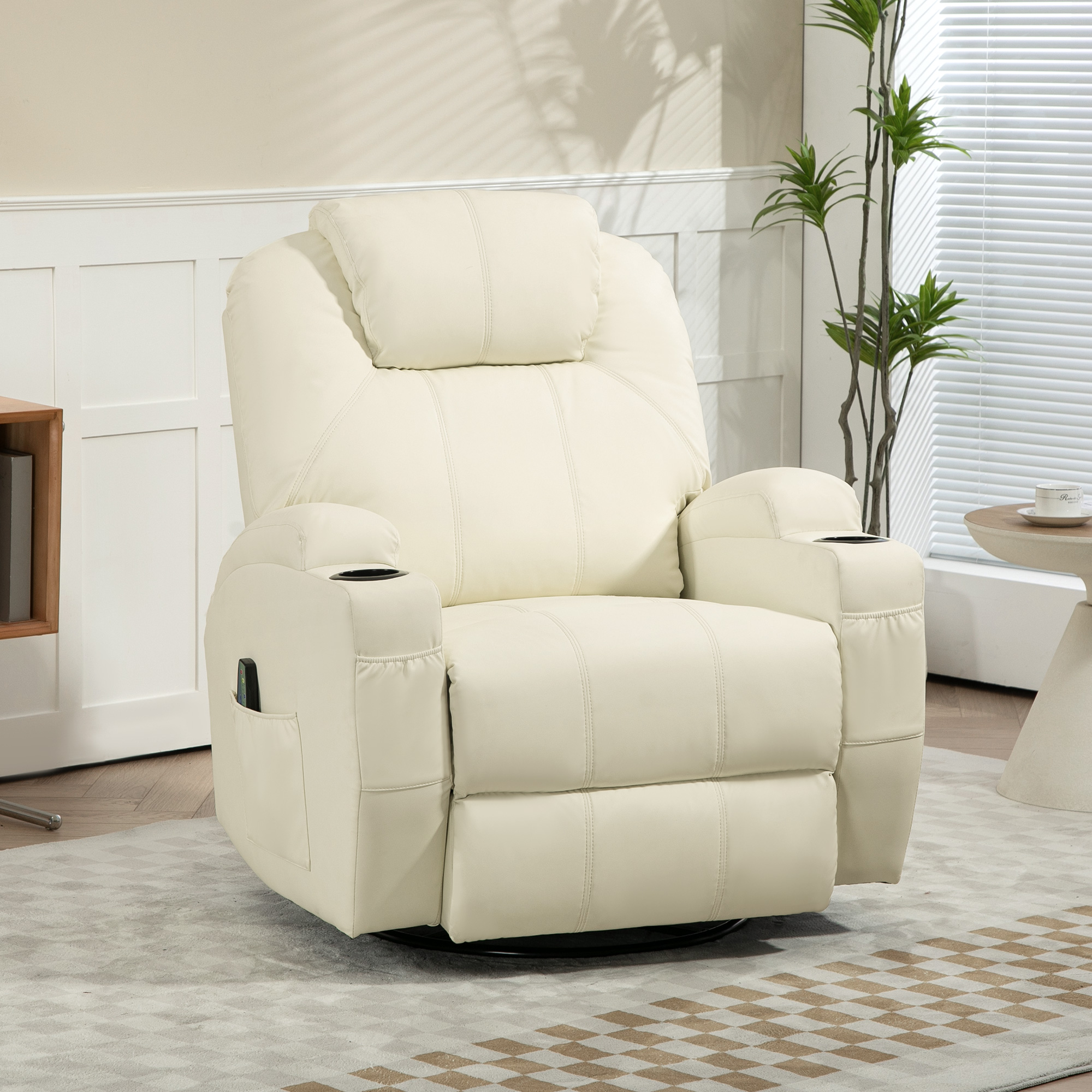 HOMCOM Relaxfauteuil met Massagefunctie, Kantelbare Rugleuning, Draaibaar, tot 150 kg, Kunstleer, Crèmewit