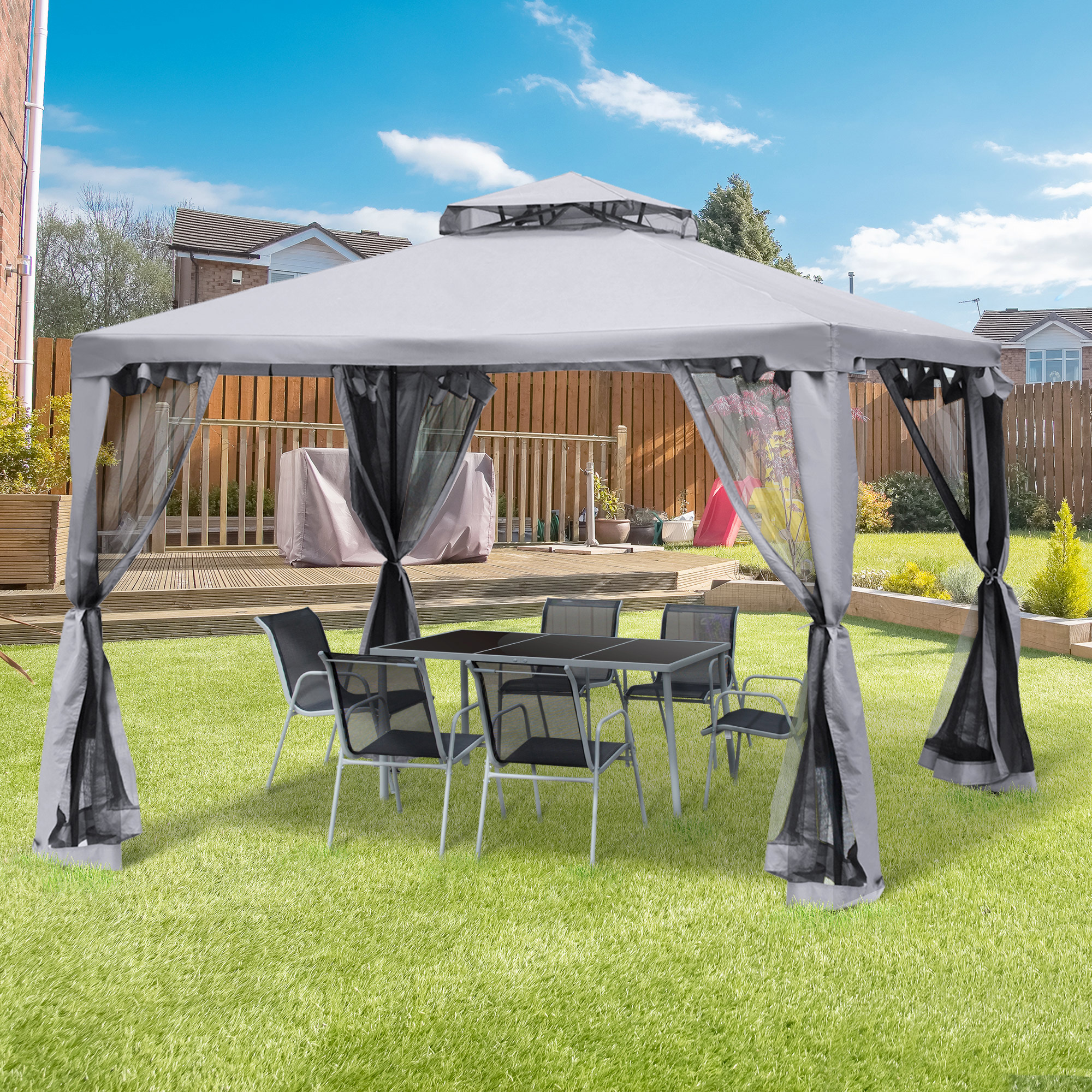 Outsunny Tuinpaviljoen 3x3 Tuin Paviljoen Met Muggengaas voor Feesten en Ontvangst, Grijs
