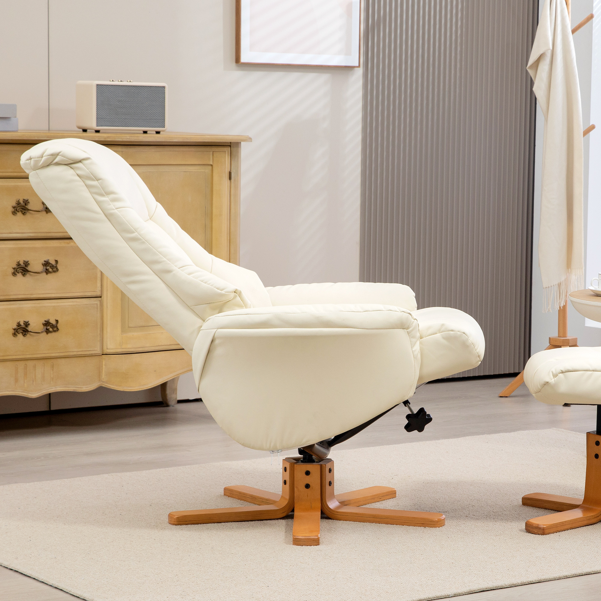 HOMCOM Relaxfauteuil met Voetenbankje, Ligfunctie, Kunstleder Bekleding, tot 150 kg, 71 x 84 x 102 cm, Crèmewit