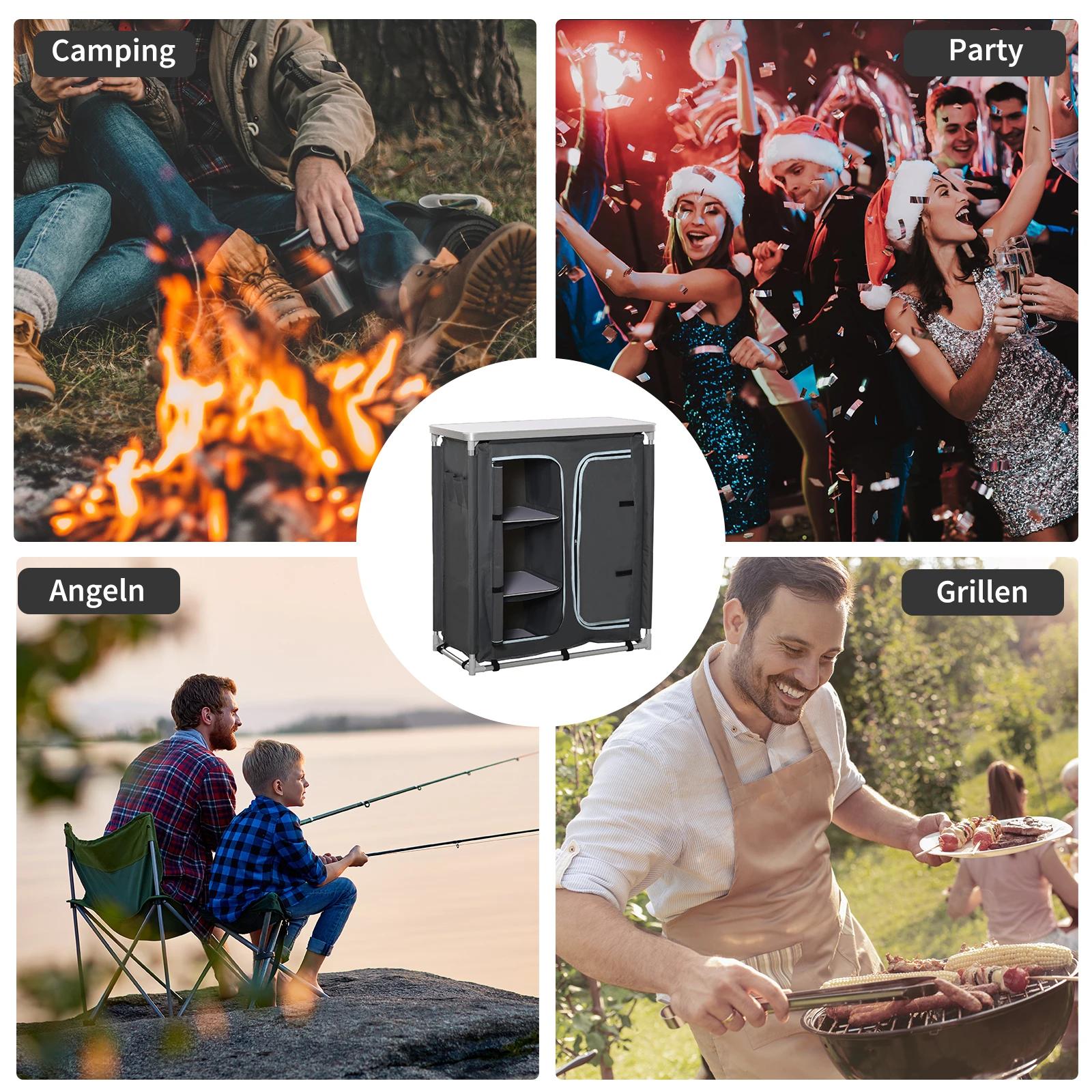 Outsunny Campingkast inklapbaar keukenbox draagbaar met 3 planken 1 kast grijs