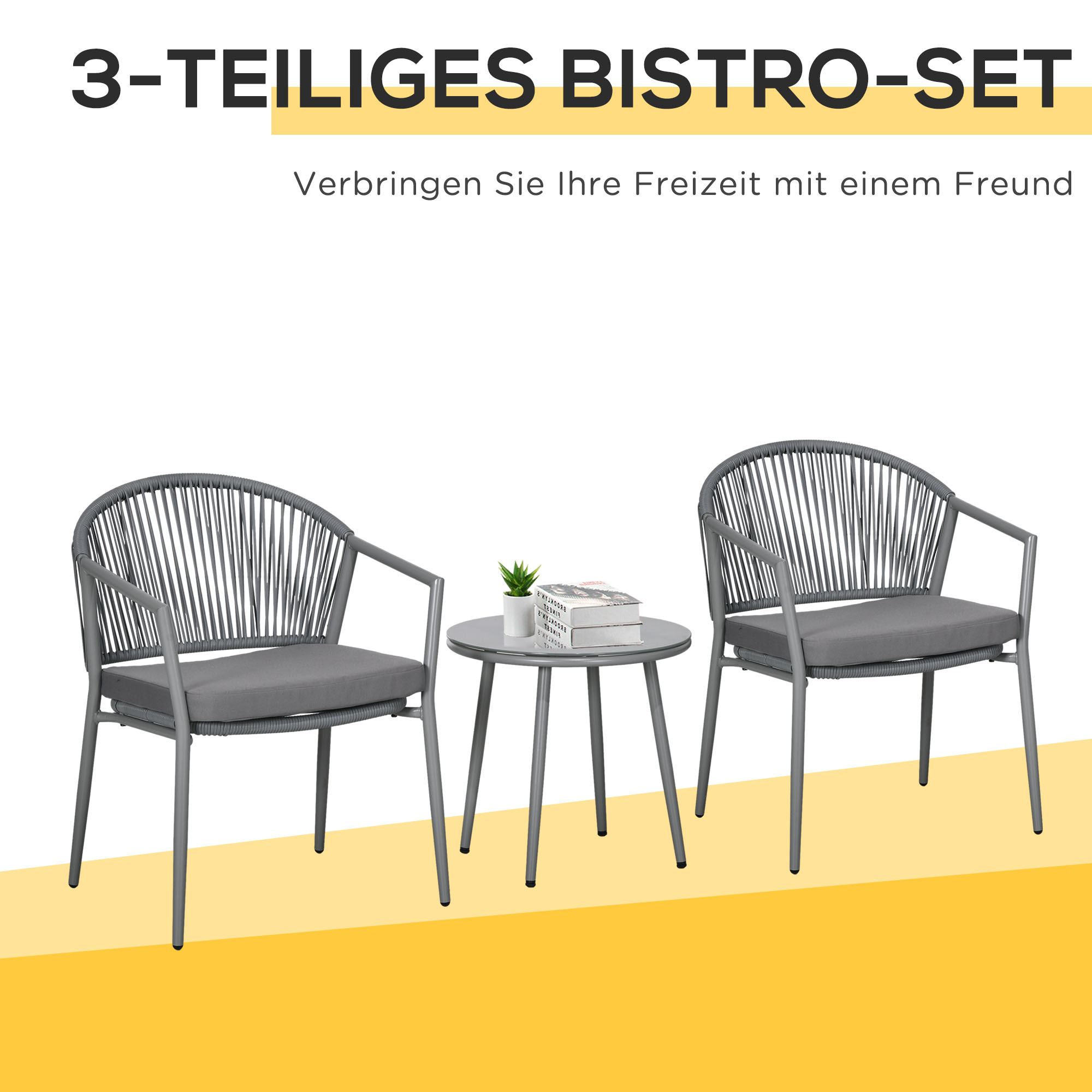 Outsunny Tuinset, 2 Stoelen & 1 Tafel met Glazen Blad, Rattan look, weerbestendig, Metalen frame, Grijs