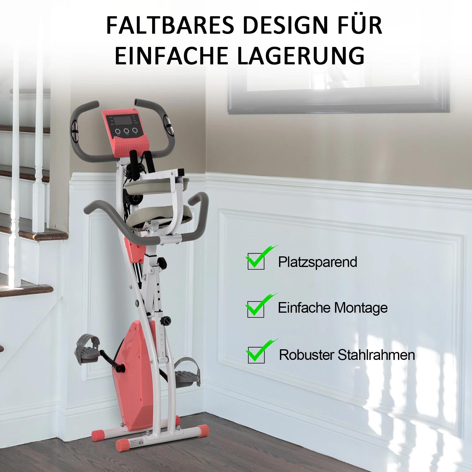 HOMCOM hometrainer 2-in-1 fietstrainer LCD display inklapbare hometrainer hometrainer met 8 niveaus instelbare magnetische weerstand en 1 paar spankoorden staal roze + wit 97 x 51 x 115 cm