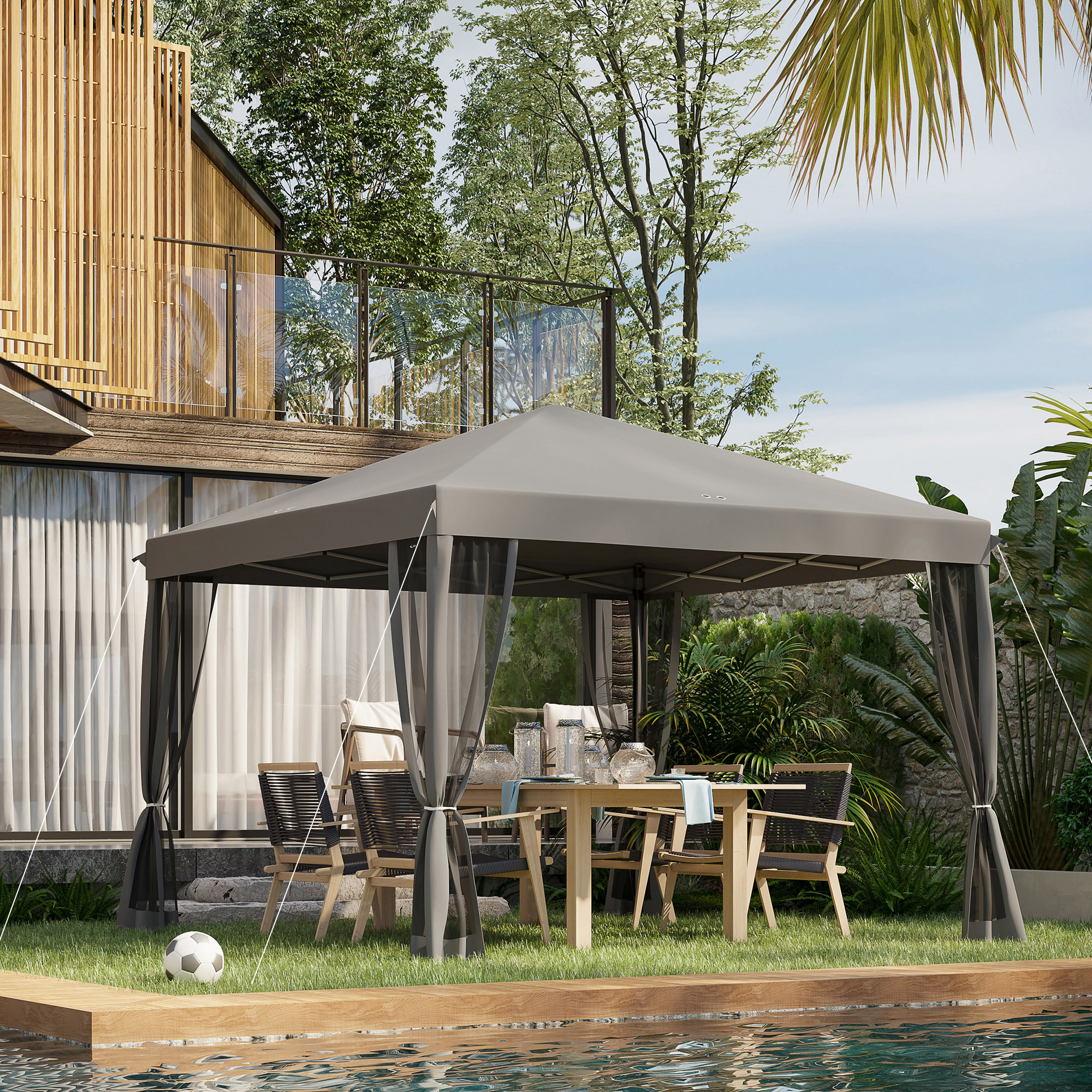 Outsunny vouwtent, 4 afneembare horren, waterafstotend dak, stalen frame, lichtgrijs, 3 x 3 m