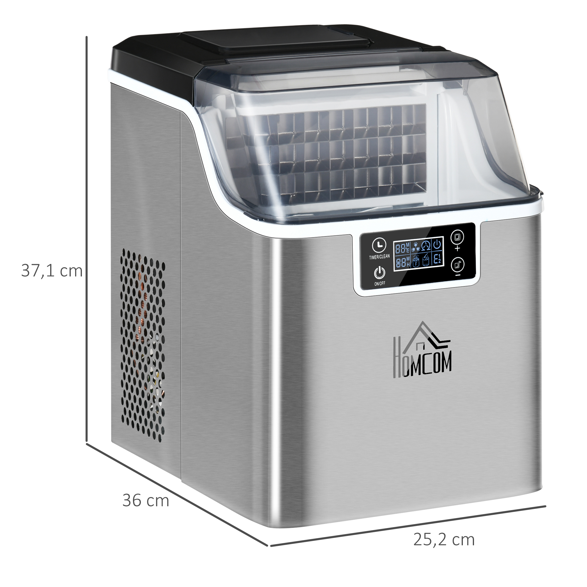 HOMCOM ijsblokjesmachine 20 kg/24u 2.3 l ijsblokjesmachine met 3.2 l waterreservoir display RVS zilver 25,2 x 36 x 37,1 cm