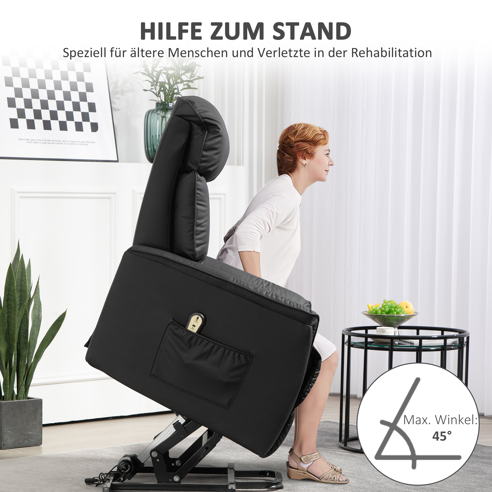 HOMCOM Elektrische Opsta-Stoel, TV-Stoel, Stoel met Opsta-Hulp, Ligfunctie, Kunstleer, 80 x 94 x 104 cm, Zwart