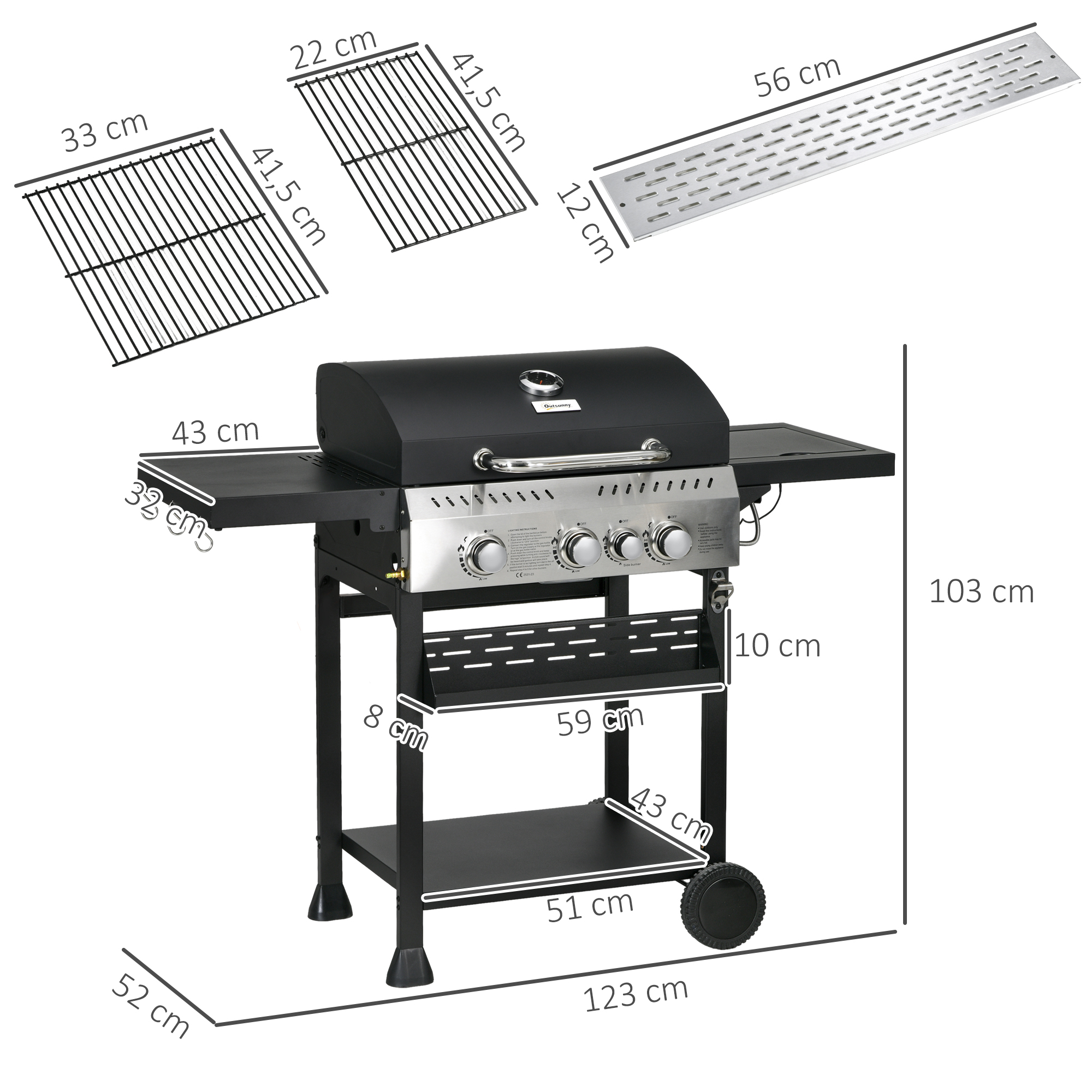 Outsunny Gasgrill, BBQ-Grill, 4 Hoofdbranders, 1 Zijbrander, 1 Warmhoudplaat; 123 x 52 x 101cm, Zwart
