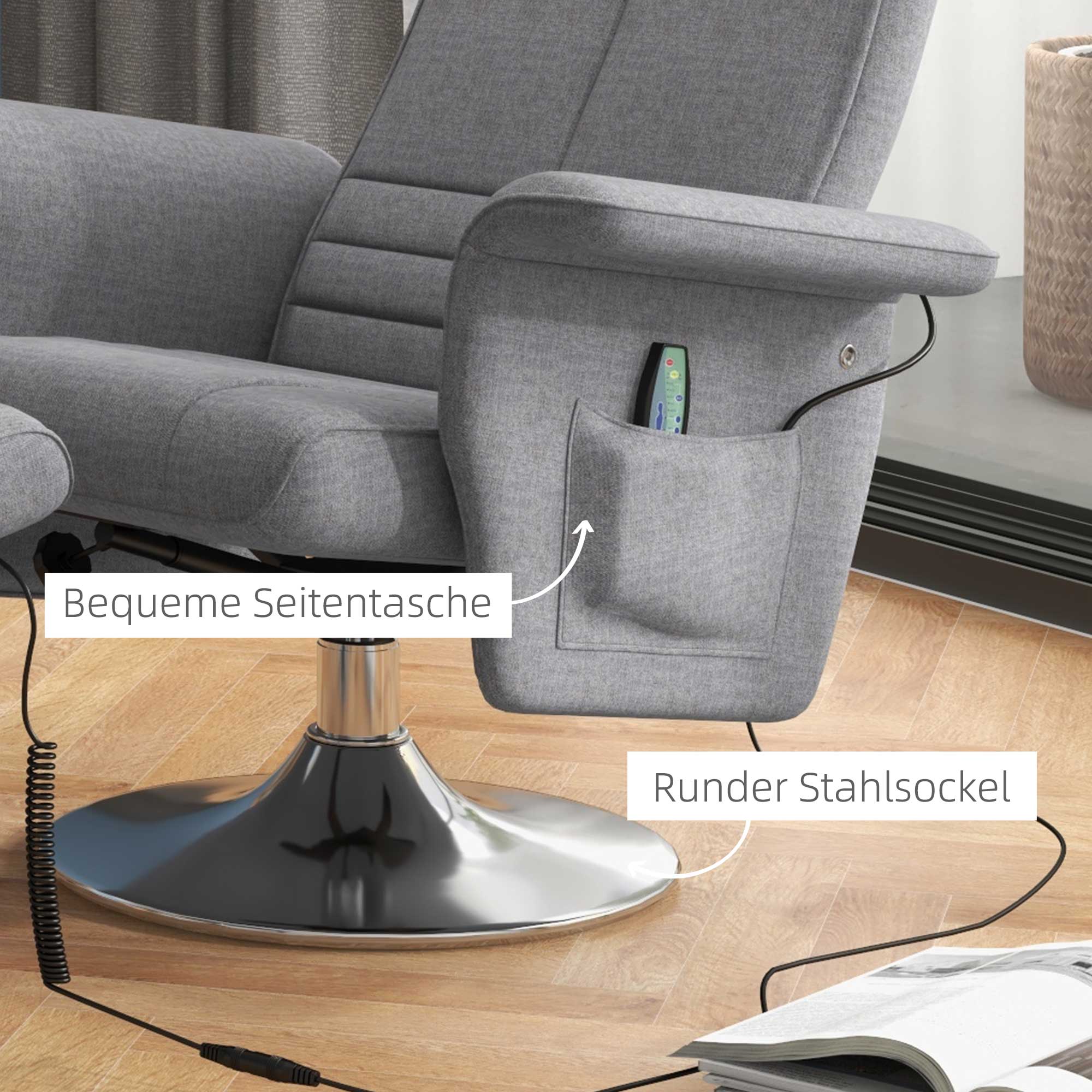 HOMCOM Massagestoel Relaxfauteuil, met Ottomaanse, 8 Vibratiekoppen, Kantelfunctie, 78cm x 90cm x 93cm, Donkergrijs