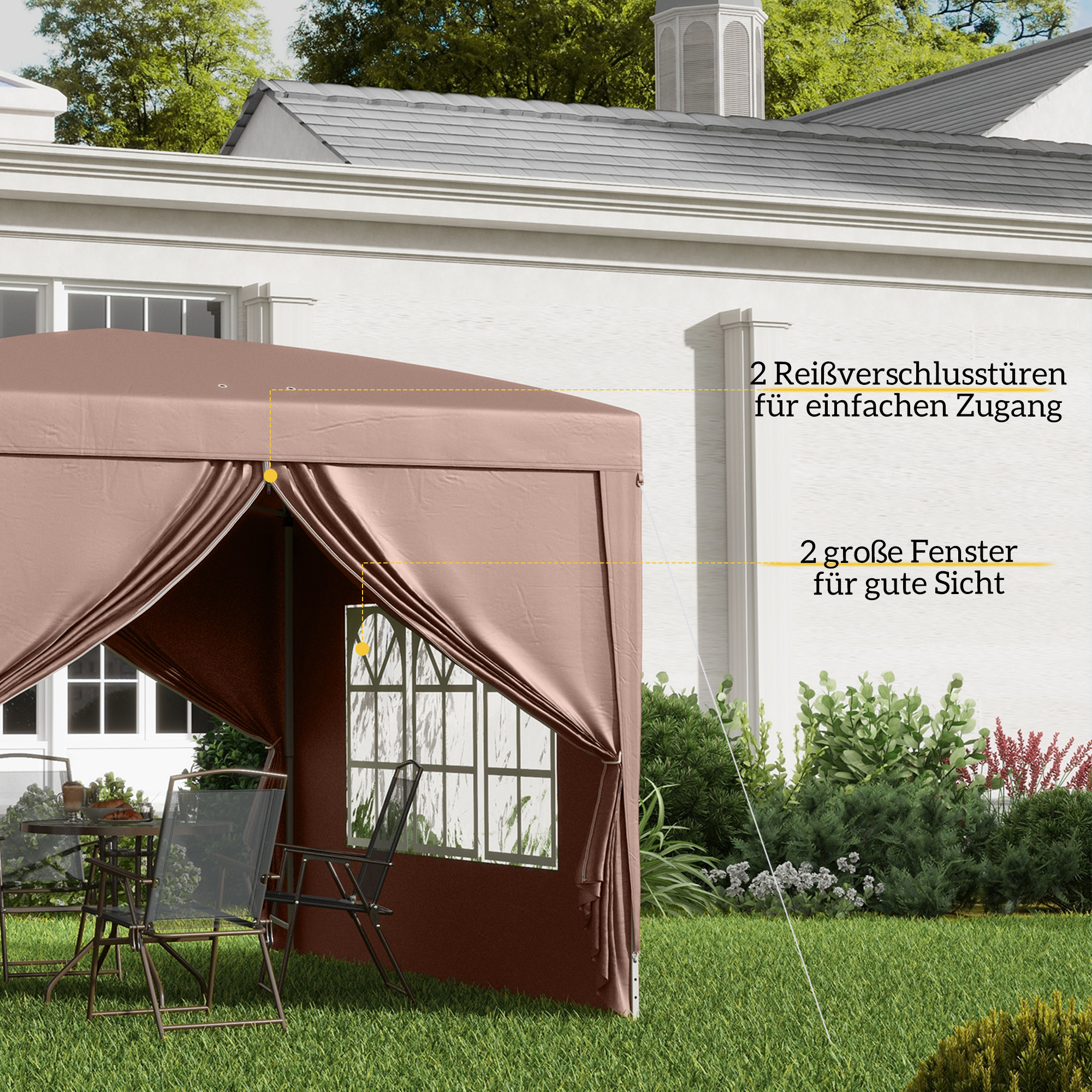 Outsunny 3 x 3 m Paviljoen met 4 zijwanden, ramen, feesttent met UV-bescherming, tuinpaviljoen incl. draagtas, Staal, Koffie