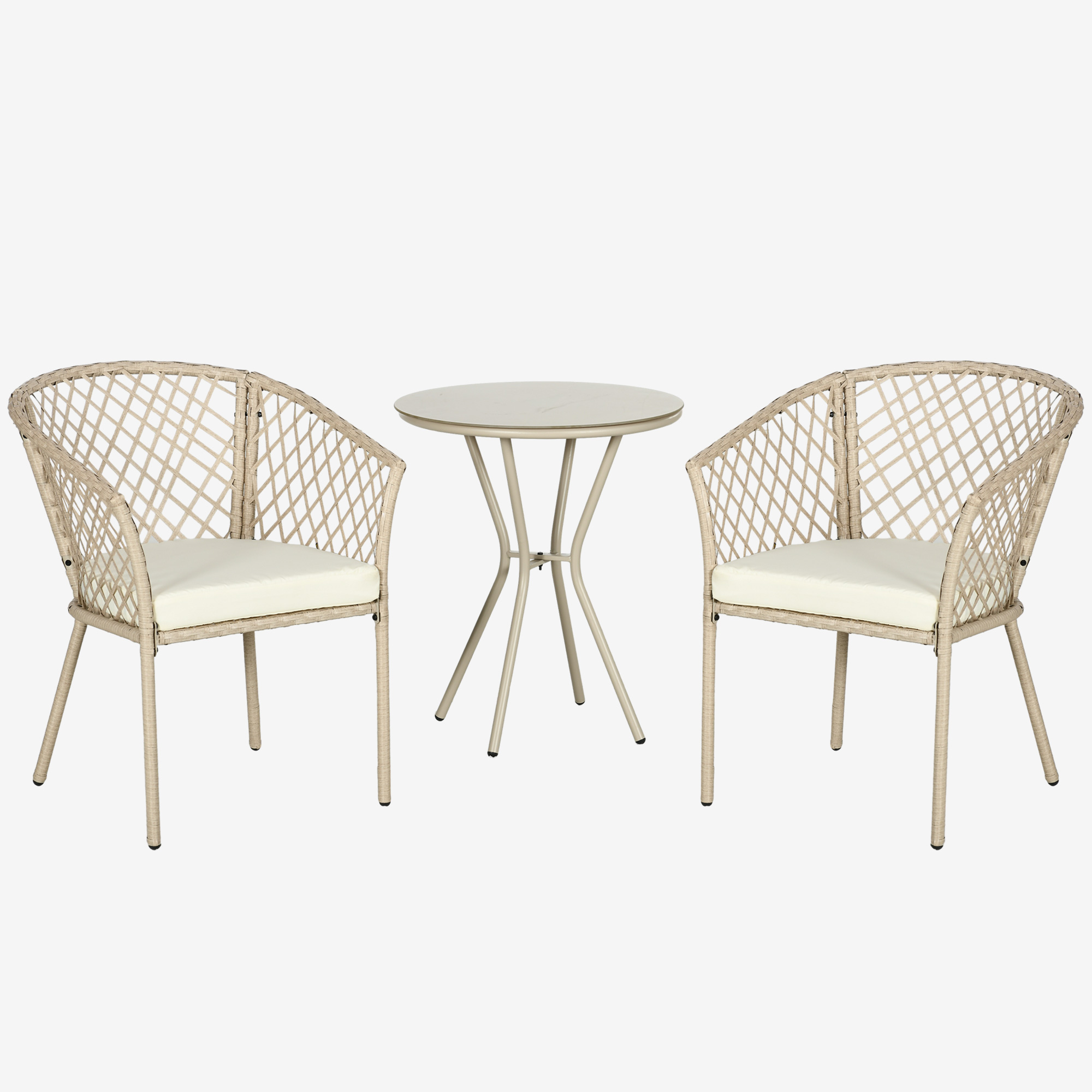 Outsunny Rattan Tuinmeubelset, 2 Stoelen en Tafel, Gehard Glas Tafelblad, PE Rattan, Zitkussens, Metalen Frame, Khaki