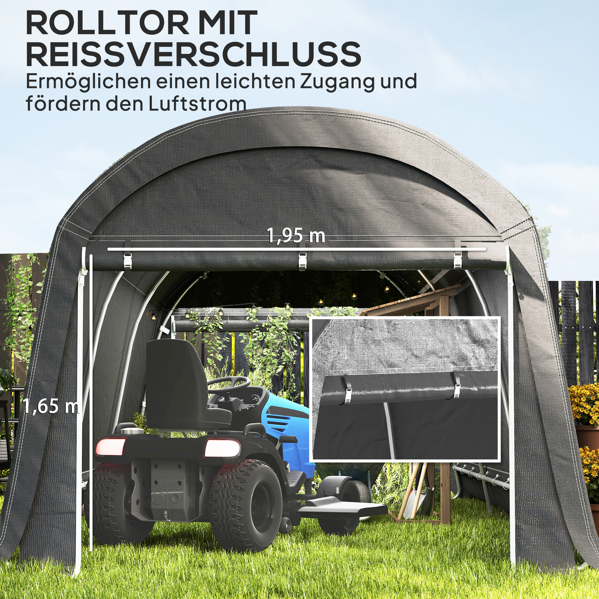Outsunny Tuinschuur met Kunststof Zeil, Gereedschapstent, Opzetbare Garage, 300B x 600D x 230H cm, Donkergrijs
