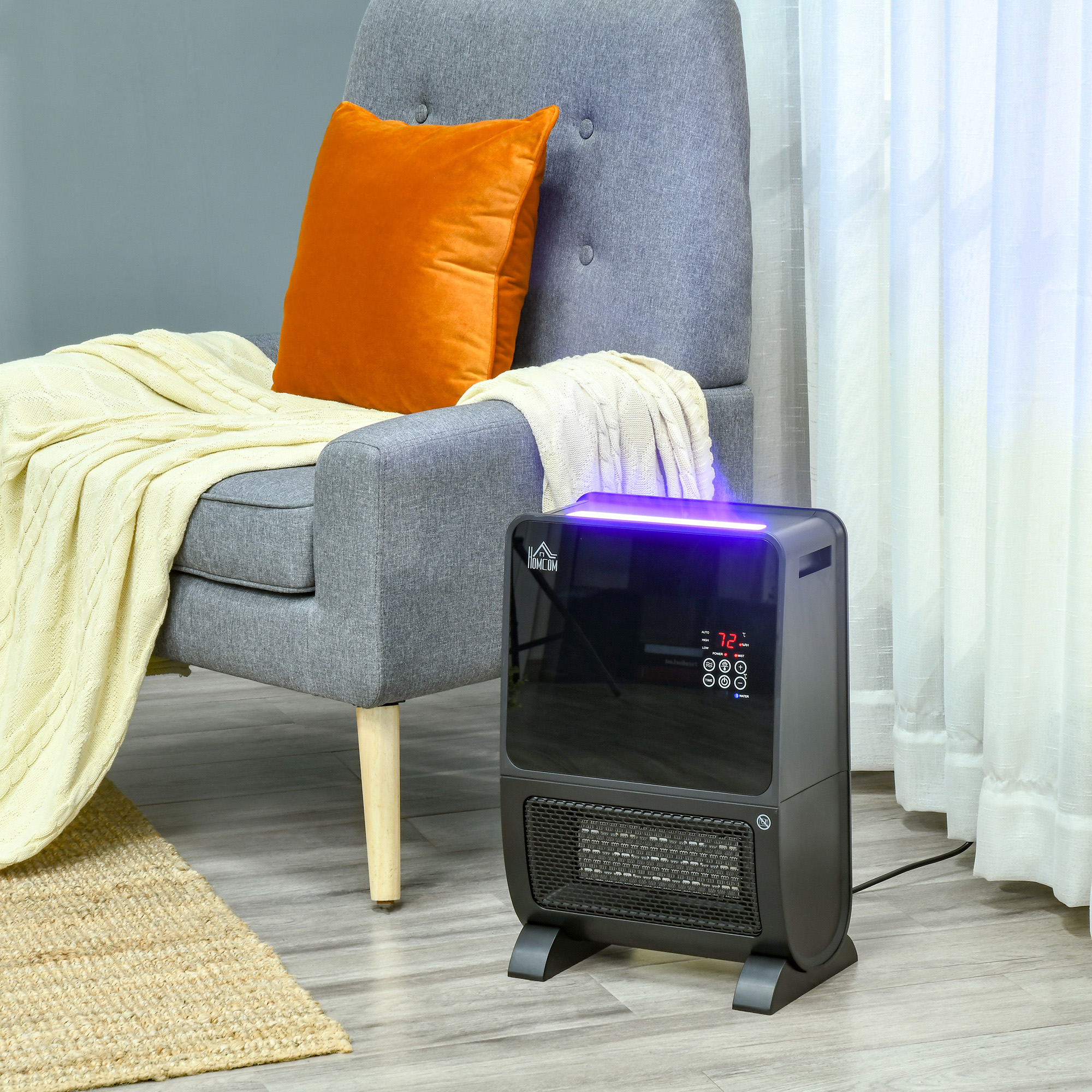 HOMCOM 2 in 1 luchtverhitter met afstandsbediening luchtbevochtiger keramisch LED licht bevochtigingsfunctie 8-uurs timer kachel verwarming 2000W ABS zwart 33 x 21 x 49.5 cm