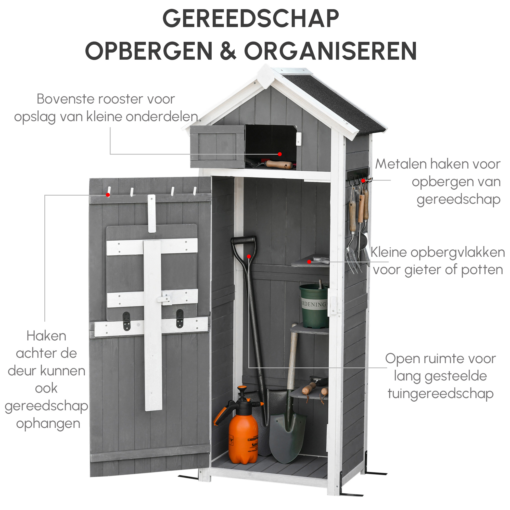 Outsunny gereedschapsschuur met deur dak gereedschapsschuur met haken tuinopbergkast klaptafel outdoor grijs vurenhout 78 x 52,5 x 182 cm