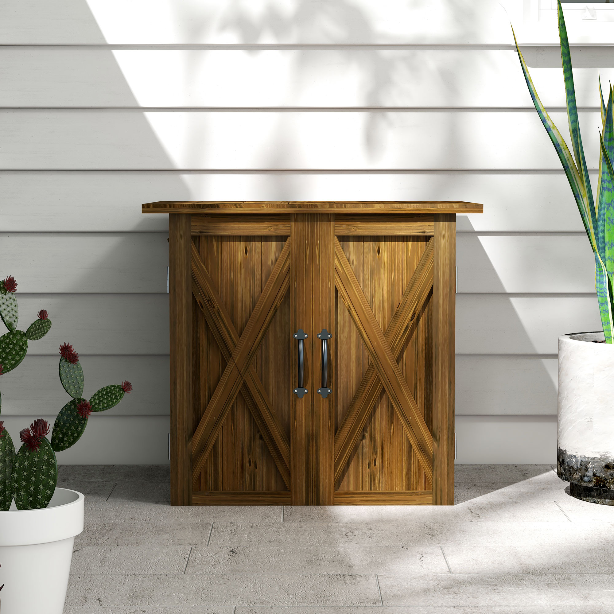 Outsunny Tuinhuisje met dubbele deuren, magneetsluitingen, weerbestendig, natuurlijk hout, 77B x 55D x 72H cm, bruin