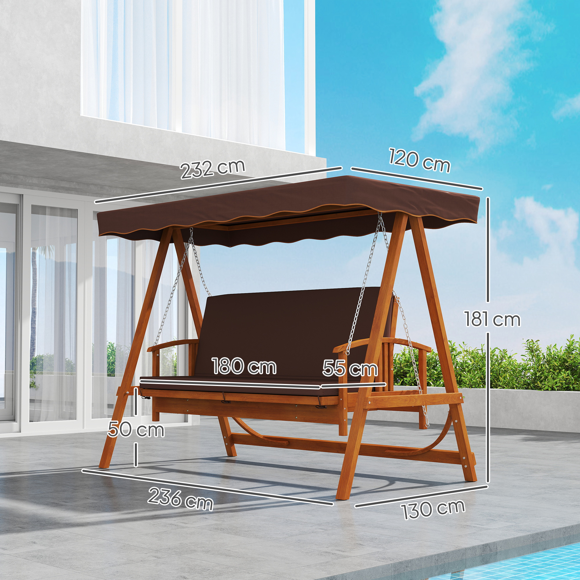 Outsunny Hollywoodschommel met Zonnedak, Echthouten Tuinschommel, Schommelbank met Ligfunctie, Voor 3 Personen, Bruin
