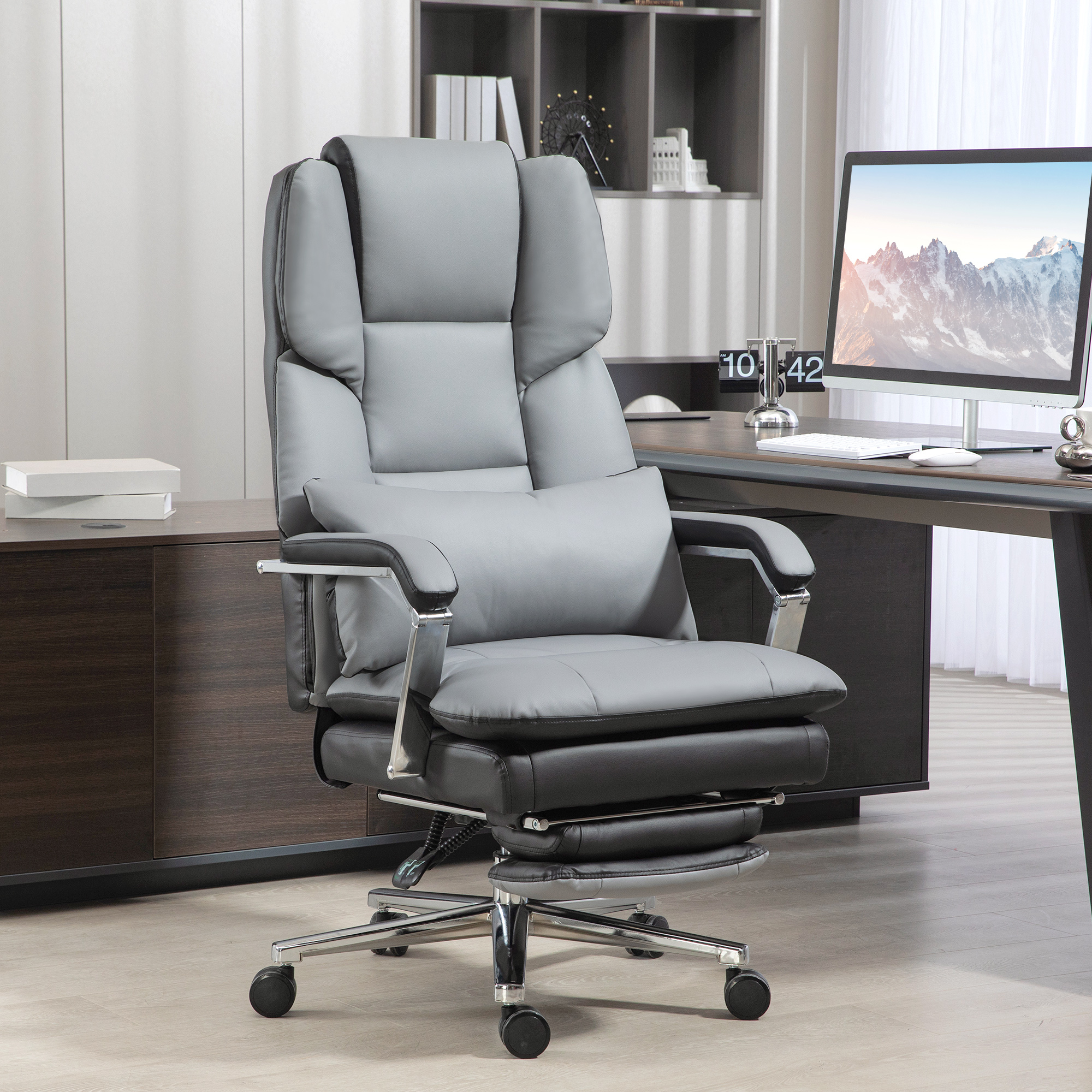 HOMCOM Ergonomische Verstelbare Bureaustoel, 63x71x123-129cm, Lichtgrijs/Zwart