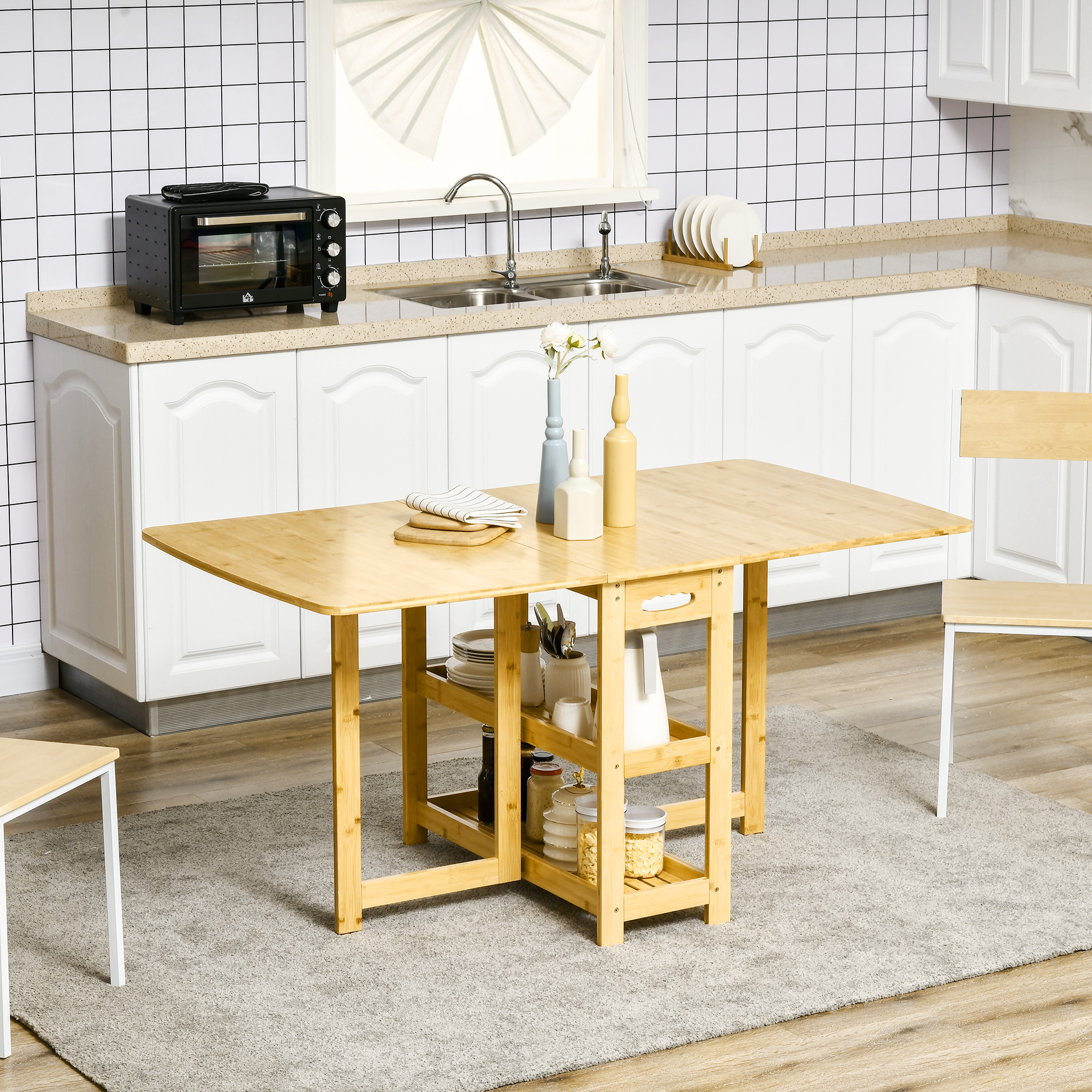 HOMCOM eettafel klaptafel met opbergvakken eetkamertafel keukentafel naturel hout