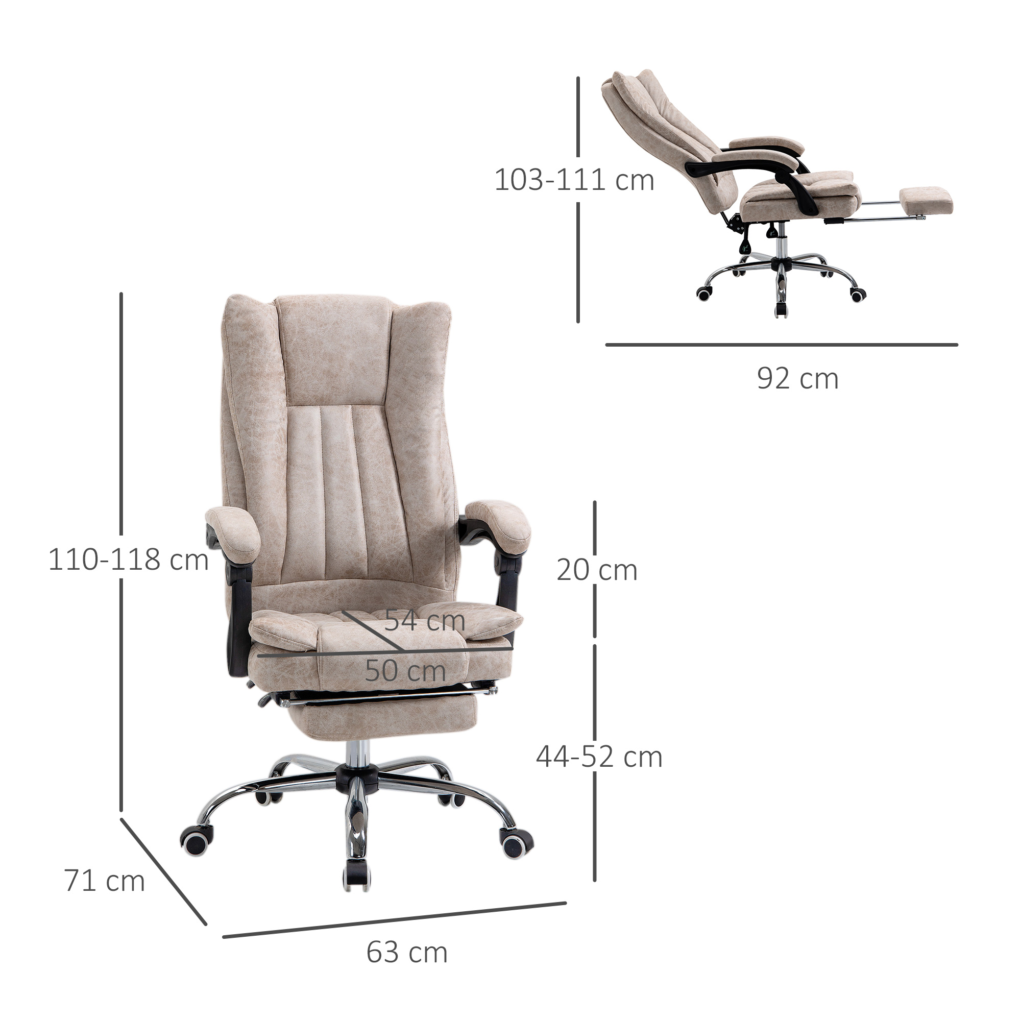 Vinsetto kantoorstoel draaistoel met ligfunctie voetensteun bureaustoel hoogteverstelling zitting stoel bureaustoel microvezel kunststof metaal nylon zwart + beige 63 x 71 x 118 cm