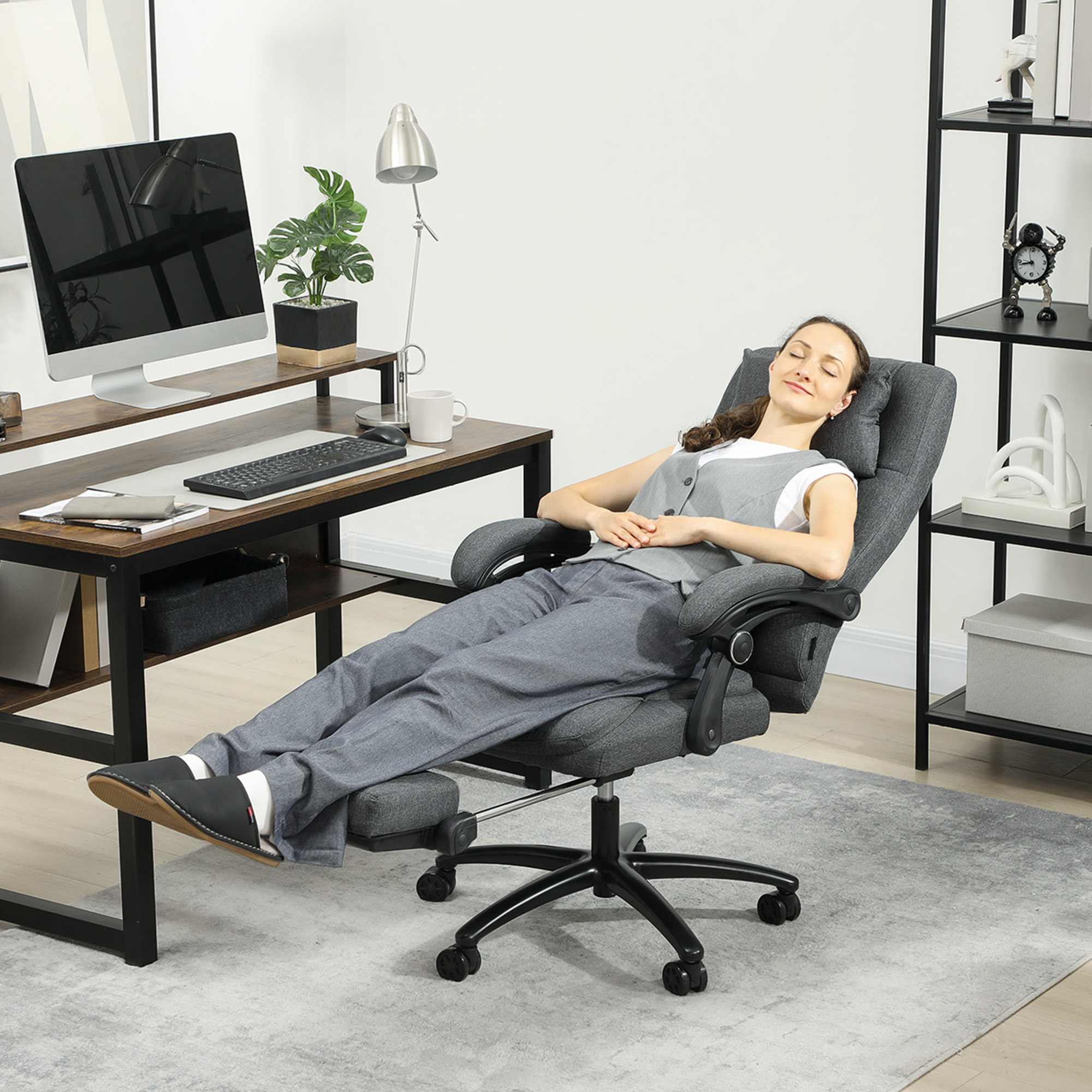 Vinsetto Massagewerkstoel, USB-aansluiting, draaibare wielen, Donkergrijs
