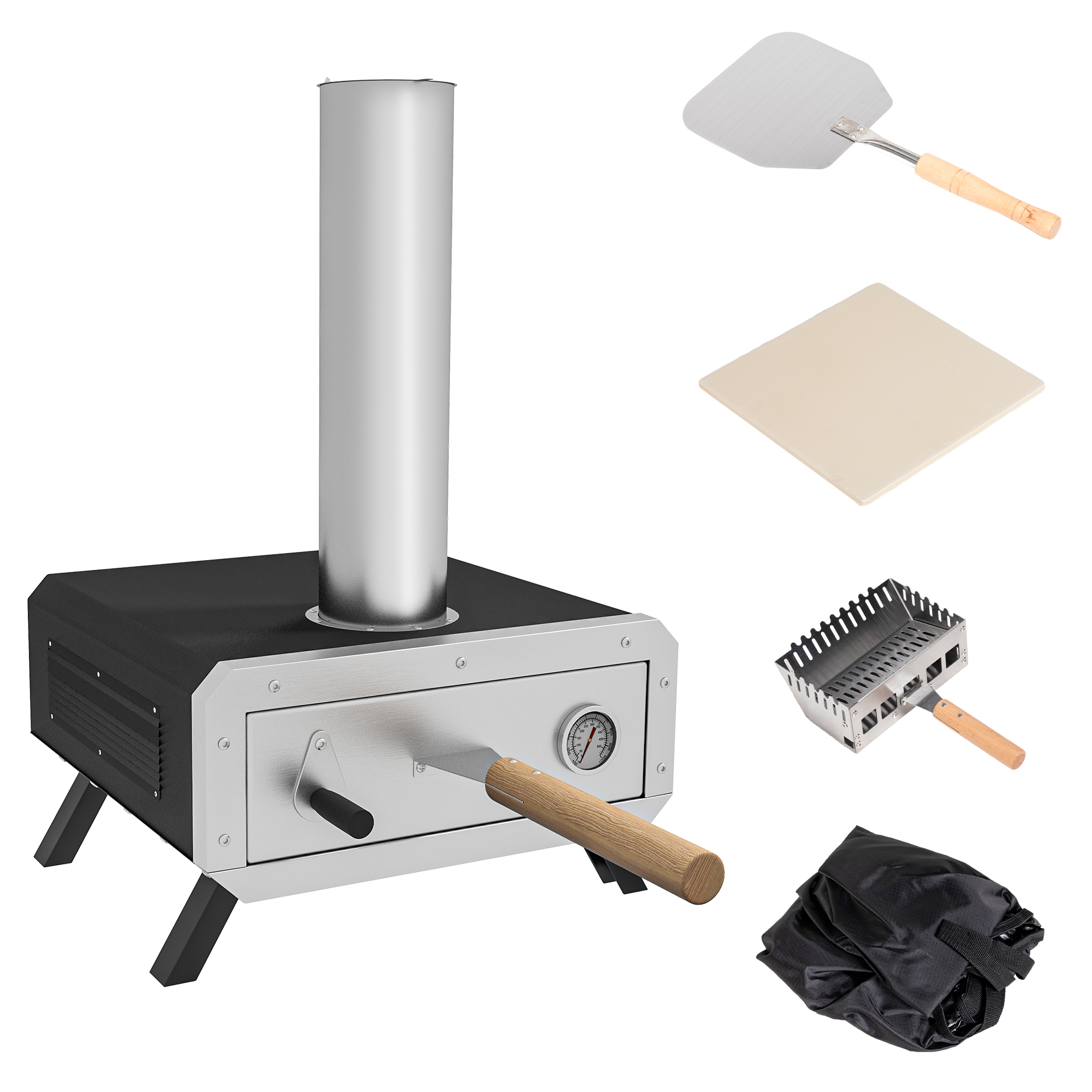 Outsunny 2-In-1 Pizzaoven Outdoor met Pizzasteen Houtoven Pizzaschep Pizzashovel Grilloven voor BBQ Staal Zwart