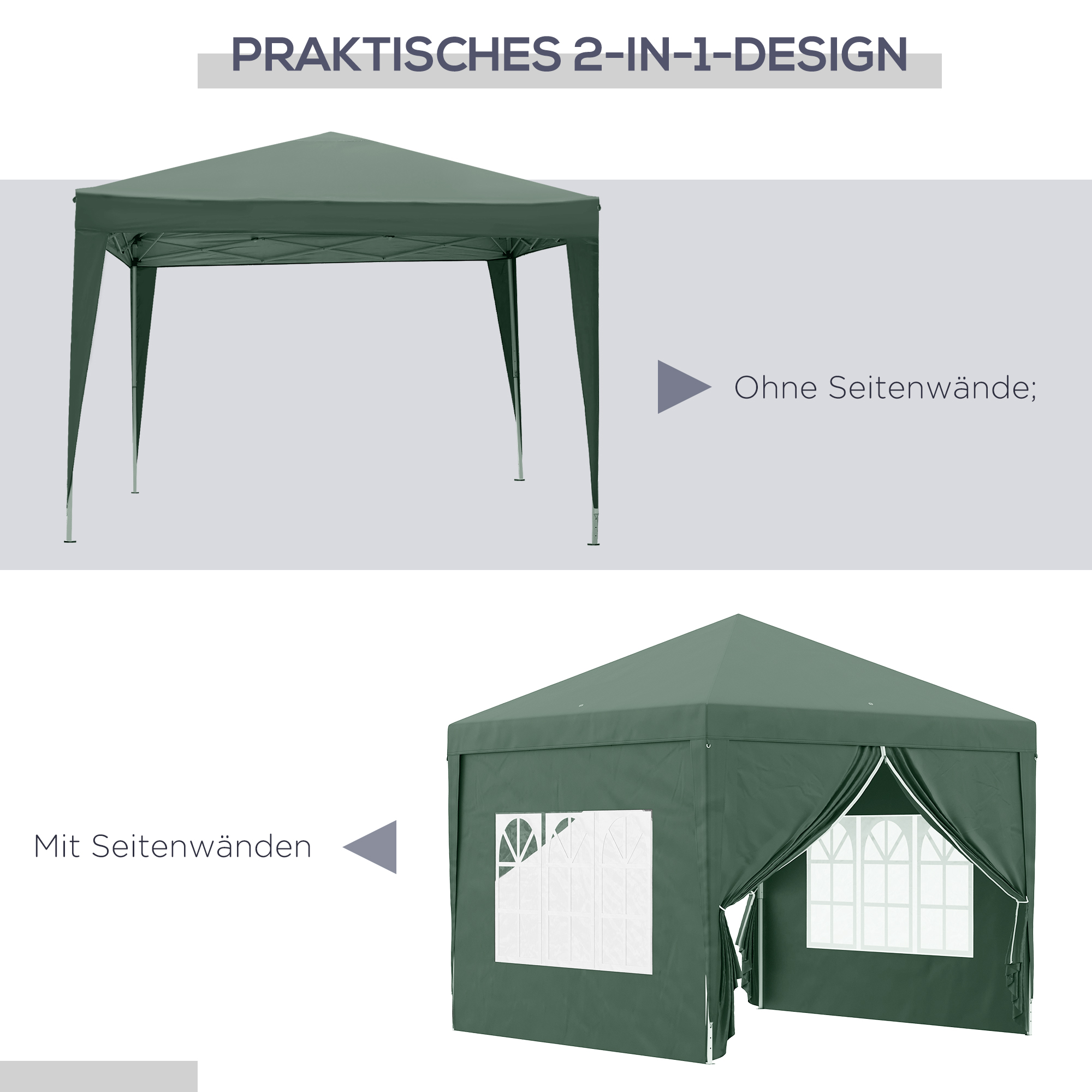 Outsunny Paviljoen, Biertent, 4 verwijderbare zijwanden, 2 ramen, Metalen frame, 2,95 x 2,95 m, Groen