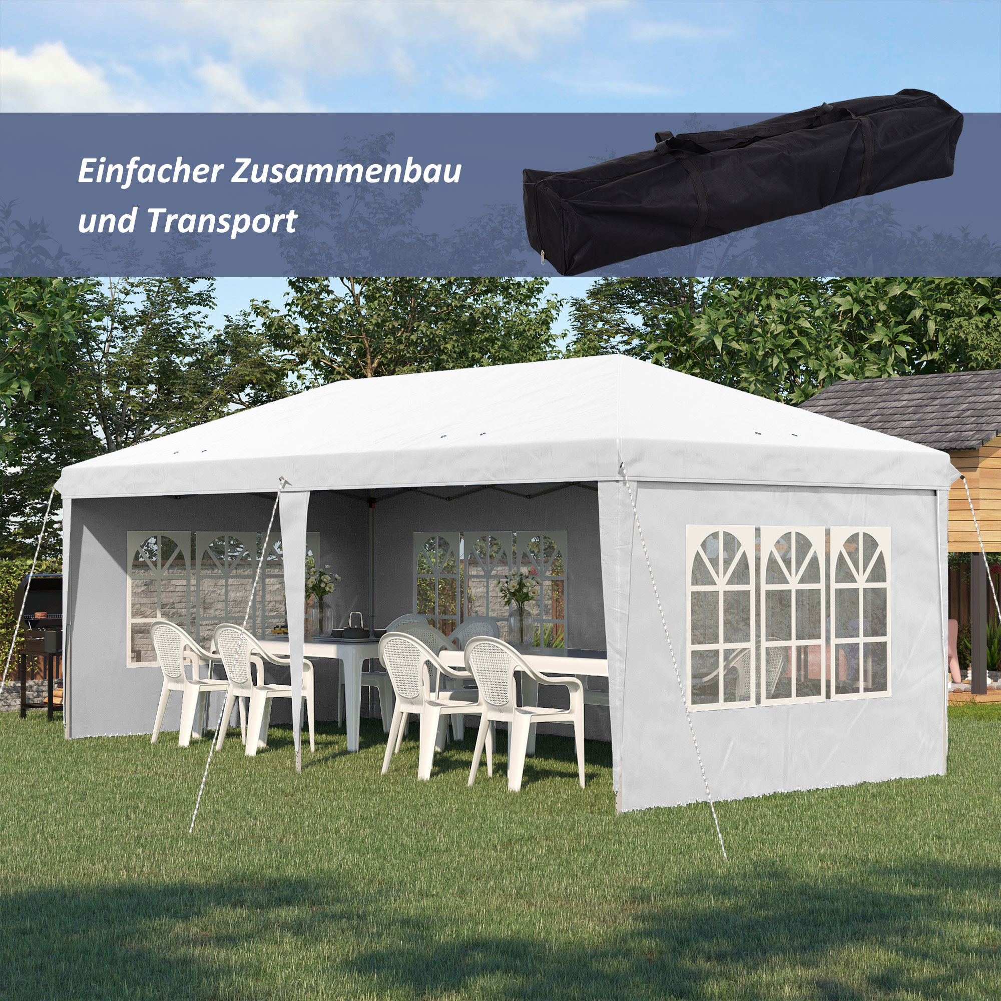 Outsunny Opvouwbare paviljoen, feesttent, 4 grote ramen, afneembare zijwanden, metalen frame, 5,85 x 2,95 x 2,7 m, wit