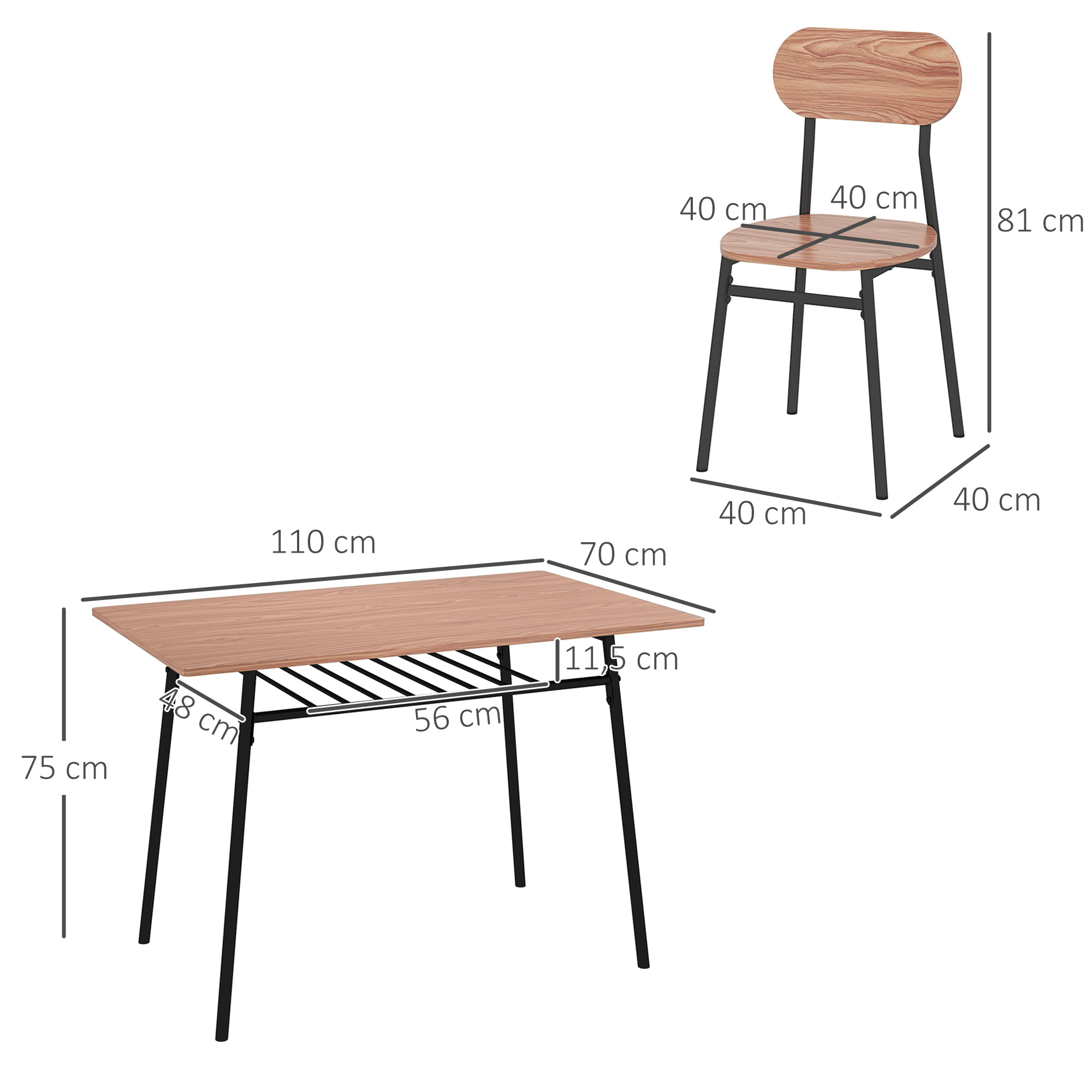 HOMCOM Eetkamerset Tafel met Stoelen Eettafel, Industrieel Ontwerp, 110 cm x 70 cm x 75 cm, Bruin