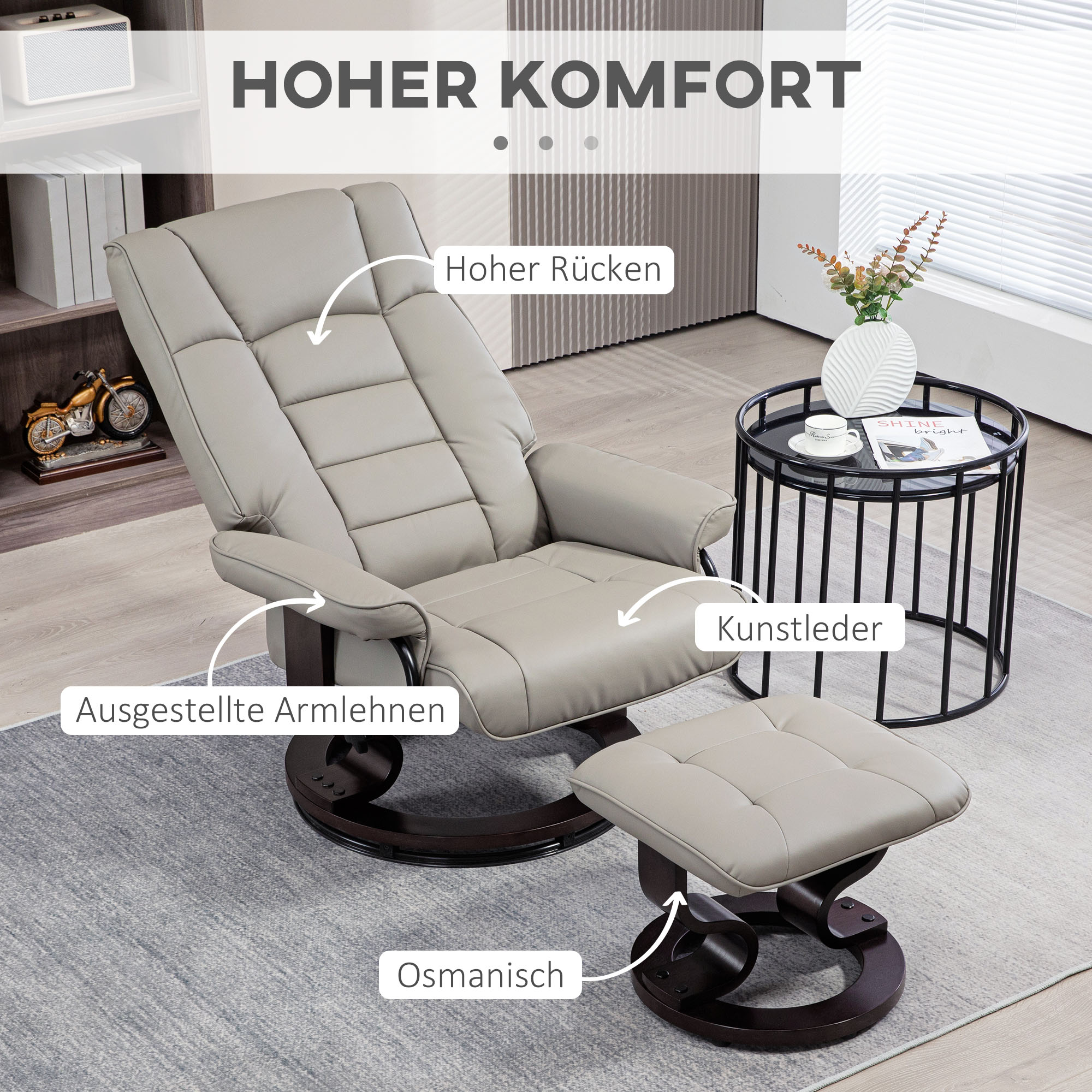 HOMCOM Relaxfauteuil met Voetenbankje, Draaibaar & Kantelbaar, Kunstlederen Bekleding, tot 150 kg, Houten Frame, Grijs