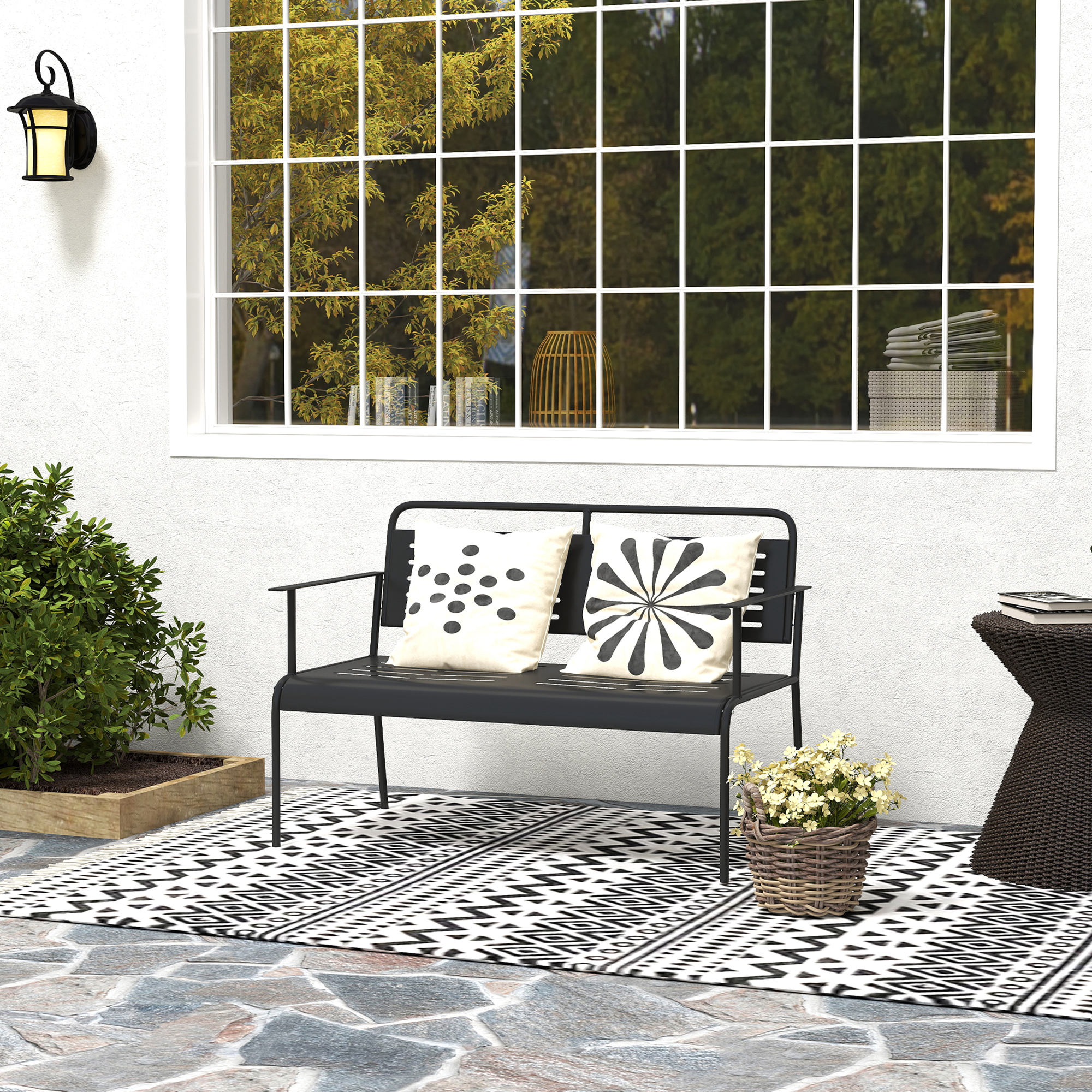 Outsunny 2-Persoons Weerbestendige Tuinbank, Waterbestendige Tuinmeubels met Rug- & Armleuningen 121 x 64 x 84cm, Zwart