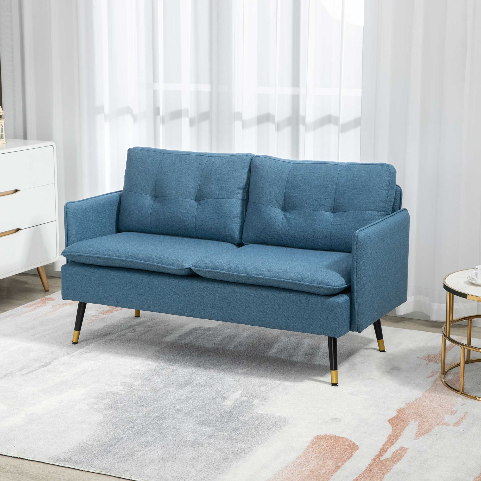 HOMCOM Retrodesign Tweezitsbank met Knoopstiksel, Sofa in Linnenlook, Donkerblauw