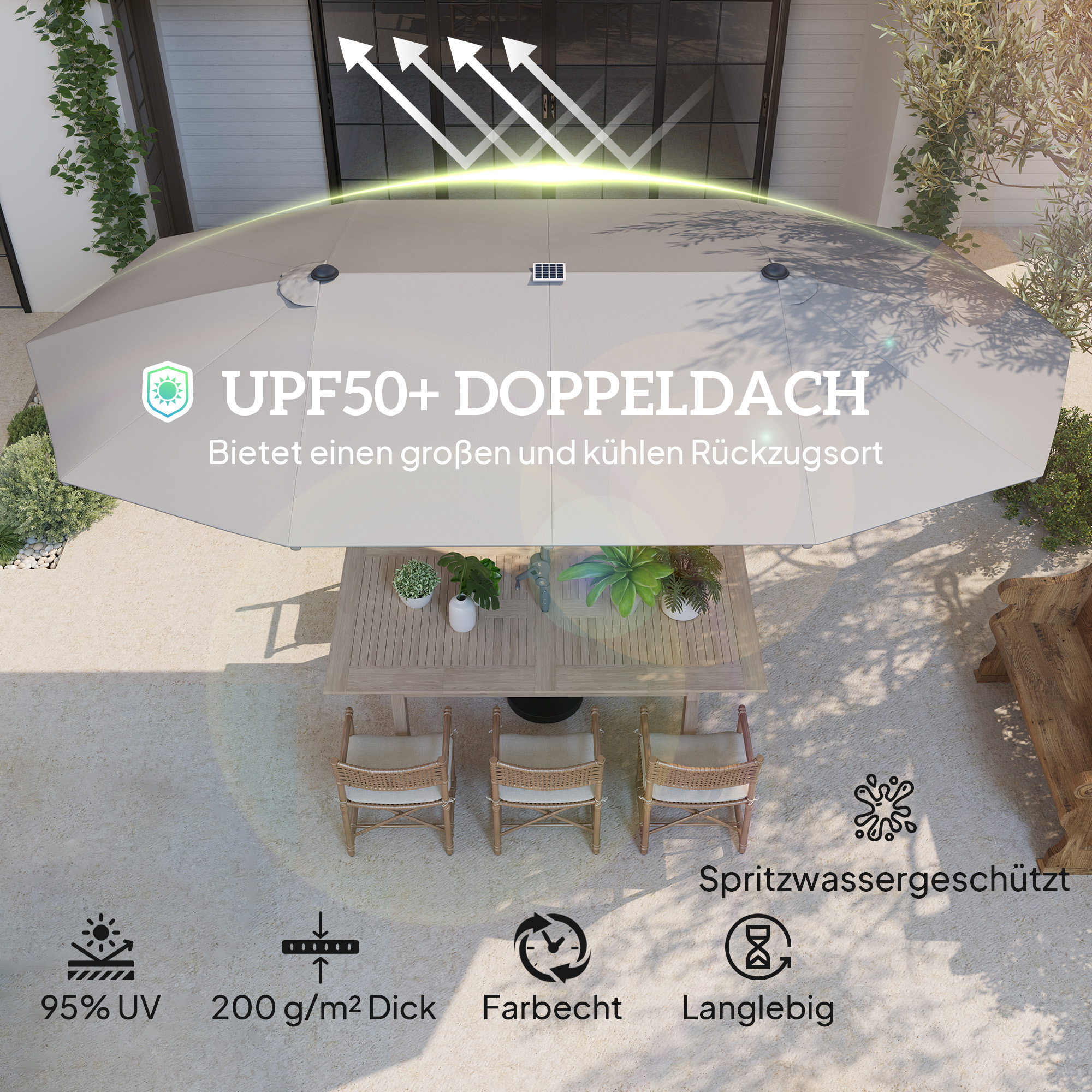 Outsunny Dubbele Parasol met Zonne-energie Verlichting, Aluminium, Polyester, UPF50+ Bescherming, UV-bestendig, Terras Parasol, Donkergrijs